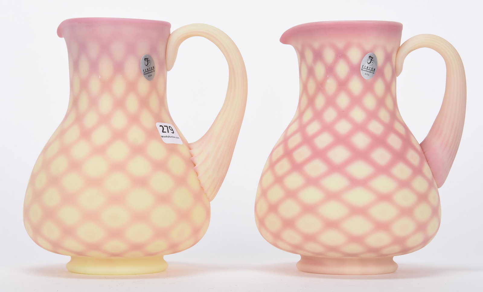 Pair pitchers marked Fenton: Pair pitchers marked Fenton; 7" Contemporary, Burmese diamond quilted ; Hopper Collection, Kansas