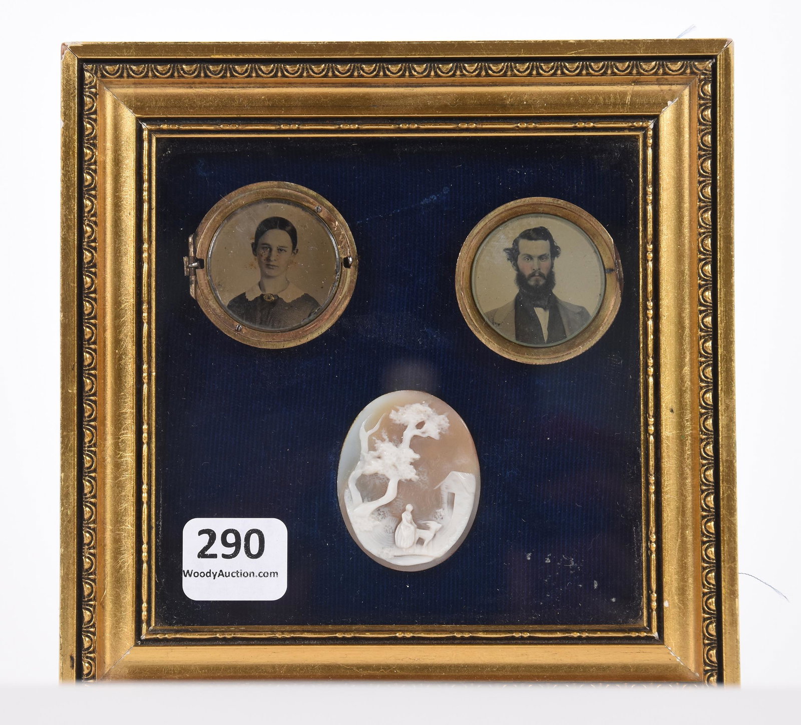 Framed display of locket halves: Framed display of locket halves; 5.5" x 5.5" Portraits circa 1855 - 1.5" cameo carved shell; Hopper Collection, Kansas