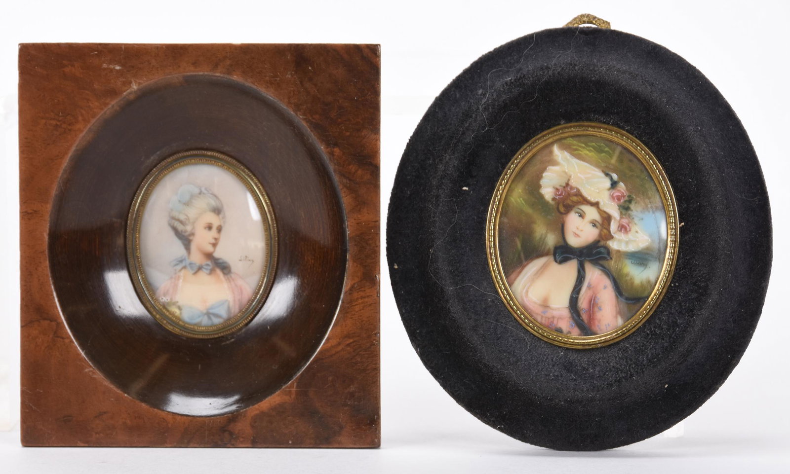 (2) Hand-painted medallion portraits: (2) Hand-painted medallion portraits; 2", 2.5" Oval medallion hand-painted portraits - both are artist signed; (1) 2.5" set in black velvet frame; (1) 2" set in wood frame; Hopper Collection, Kansas