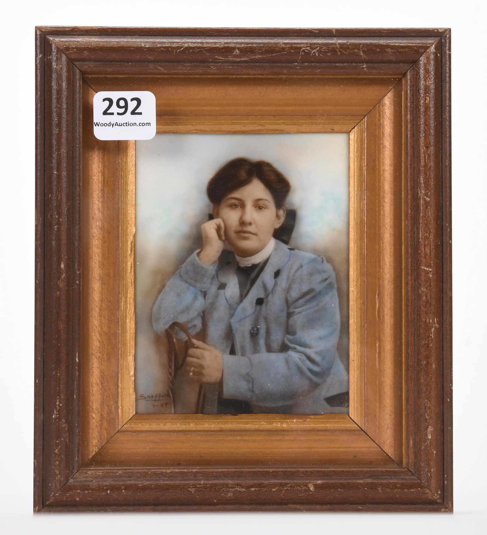 Opaque white hand-painted panel: Opaque white hand-painted panel; 4" x 3.25" Set in gilt wooden frame which is set inside a brown wooden frame behind glass, artist signed "Swafford", dated "45" (presumably 1845); Hopper Collection, K