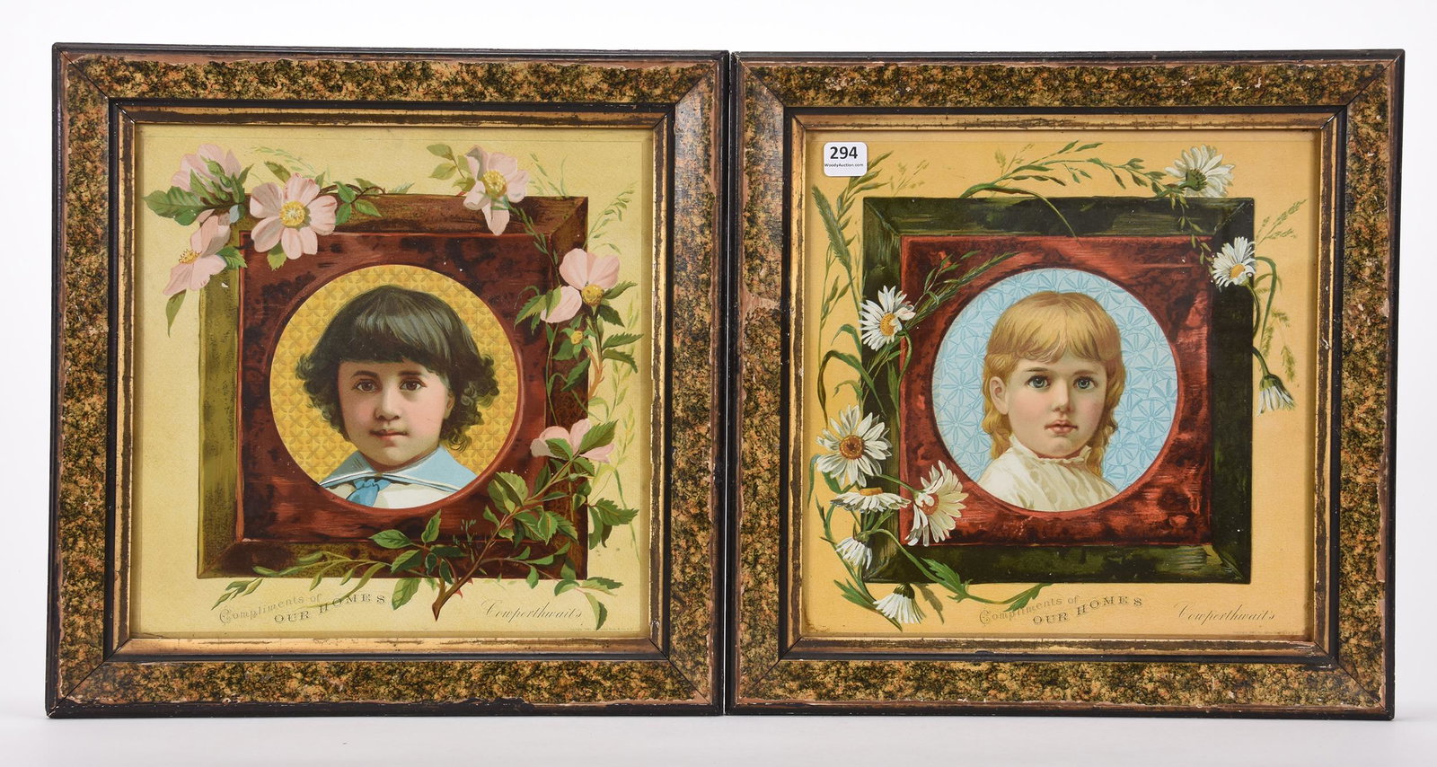 Framed advertising prints: Framed advertising prints; 13.5" x 13.5" Boy and girl "Compliments of Our Home", advertising Cowperthwait's Furniture, dated 1883; Hopper Collection, Kansas