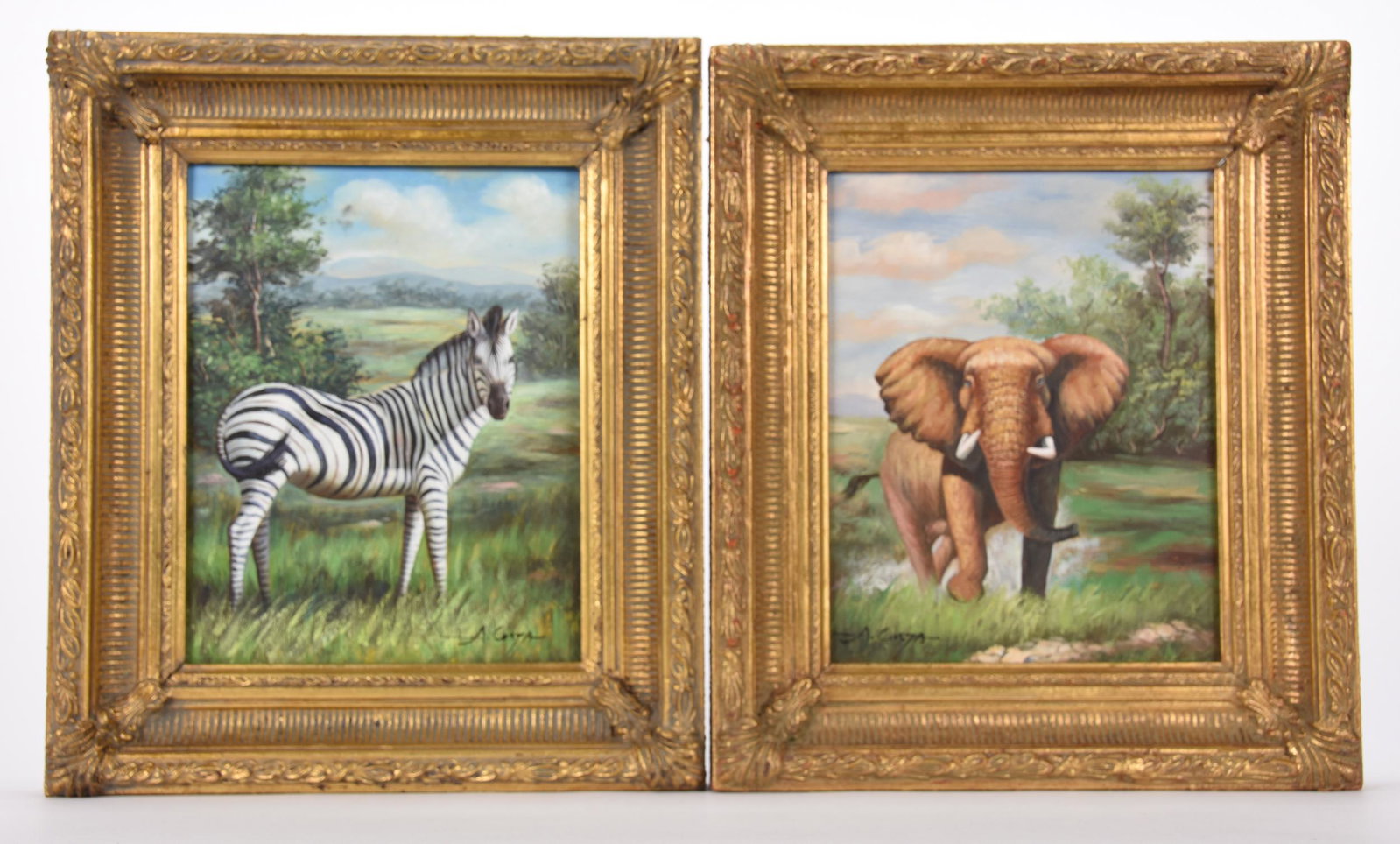 Pair original paintings on board by "A. Costa": Pair original paintings on board by "A. Costa" 14" x 12" Panels are 10" x 8"; (1) Zebra; (1) Elephant - circa 1980's; Hopper Collection, Kansas