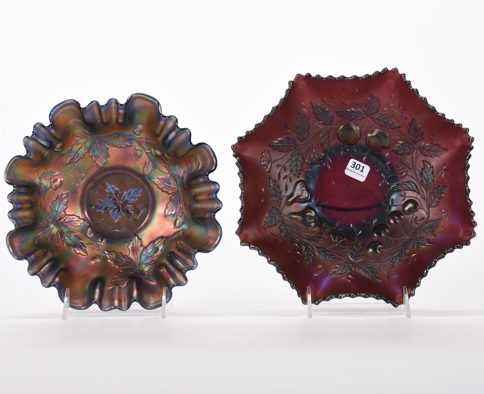 (2) Carnival Glass bowls: (2) Carnival Glass bowls; 9.75", 8.75" (1) 9.75" Fruits and Flowers by Northwood, ruffled, amethyst; (1) Autumn Acorns by Fenton, blue, three in one edge ; Hopper Collection, Kansas