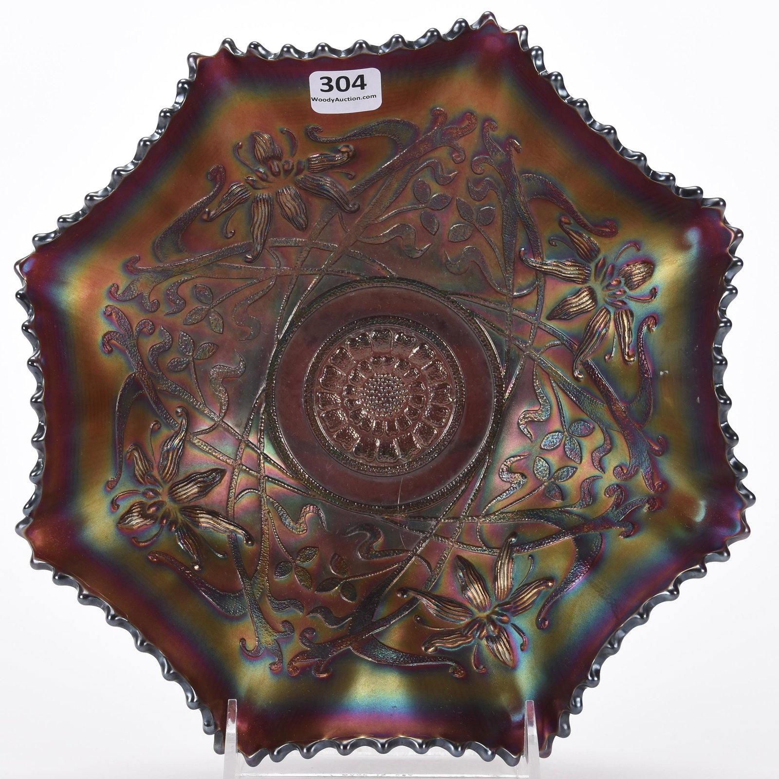 Carnival Glass bowl: Carnival Glass bowl; 9.75" Wishbone by Northwood, basketweave exterior, purple, ruffled ; Hopper Collection, Kansas