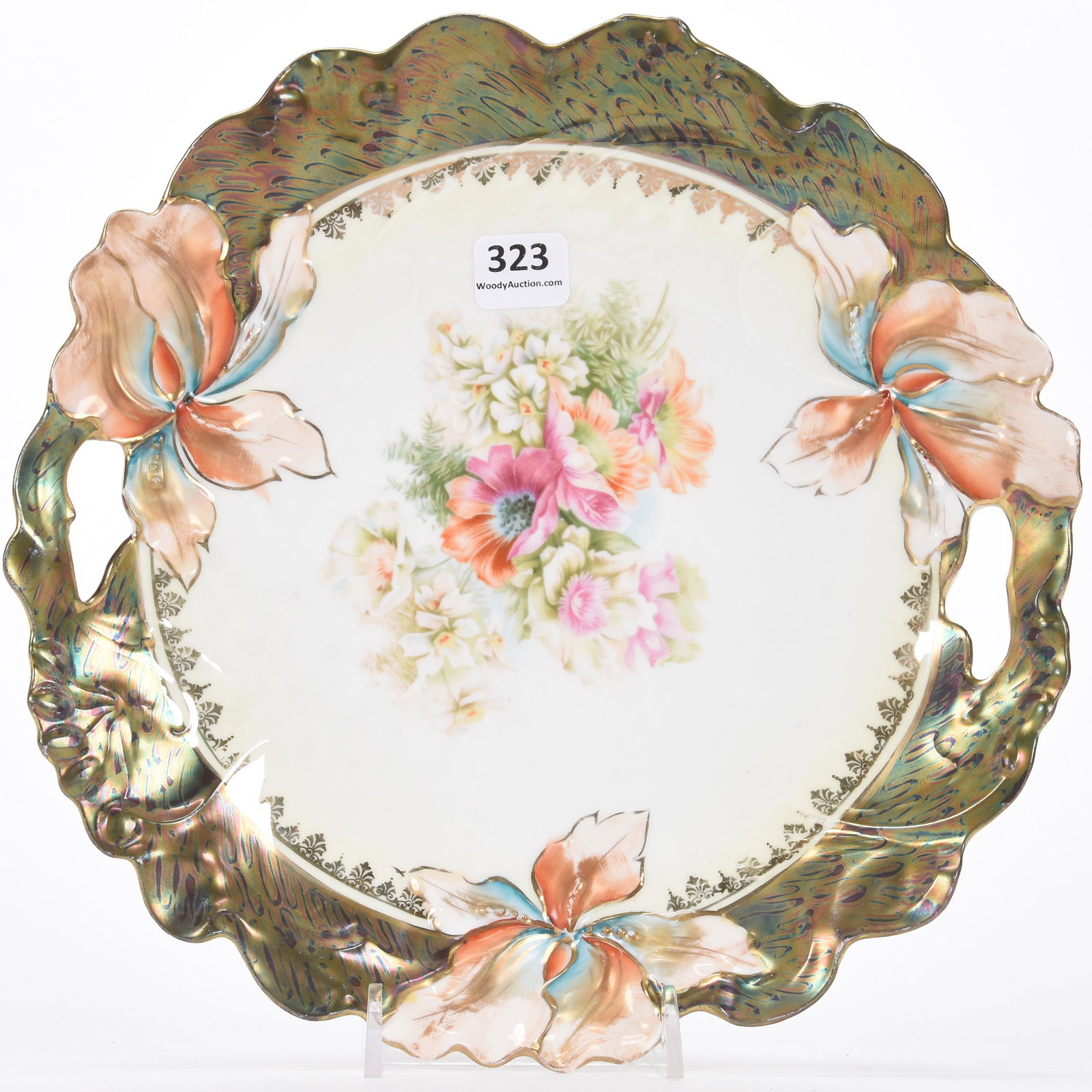 Cake Plate marked with R.S.Steeple mark: Cake Plate marked with R.S.Steeple mark; 9.5" White center with poppy and floral decor, peacock Tiffany border, iris variation mold ; Hanna Collection, Michigan