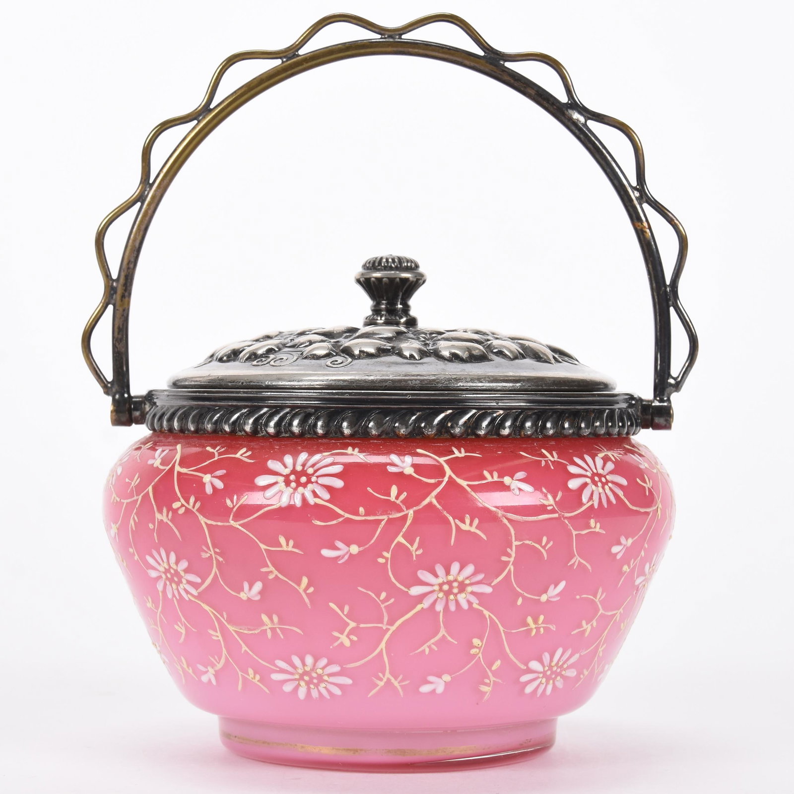 Sweetmeat, Webb cased peachblow: Sweetmeat, Webb cased peachblow; 4.25" x 5" Enamel daisy decor, embossed silverplate lid and bail ; Hale Collection, Florida