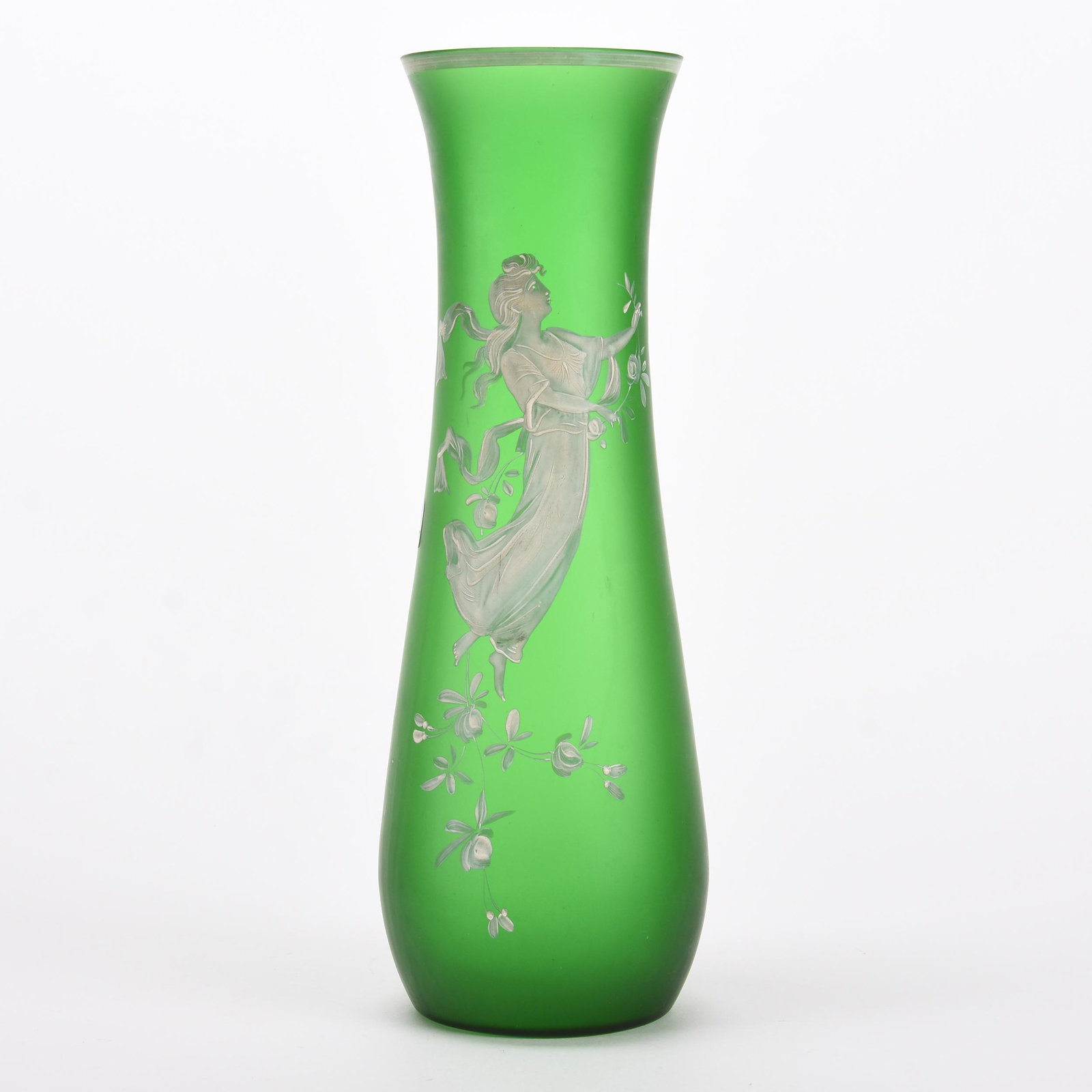 Vase, emerald green satin: Vase, emerald green satin; 13" Mary Gregory scene of young woman; Hale Collection, Florida