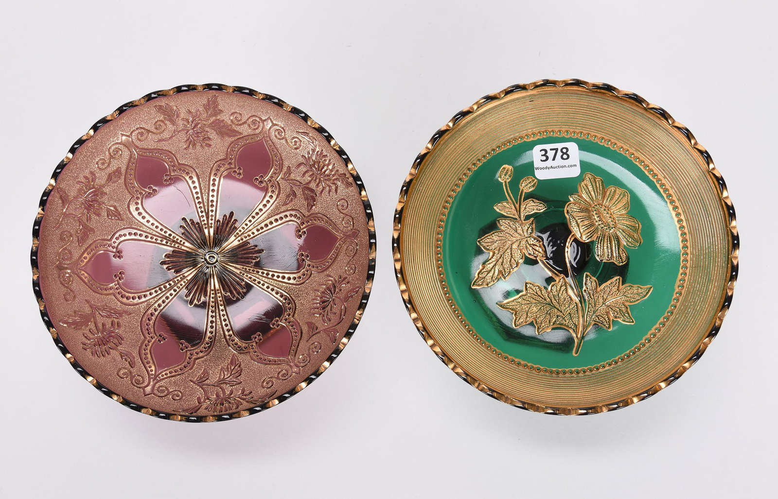(2) Compotes by Northwood: (2) Compotes by Northwood; 6.5" (1) Shasta Daisy pattern, emerald green; (1) Beaded Star & Mums pattern, amethyst ; Houghton Collection, Kansas