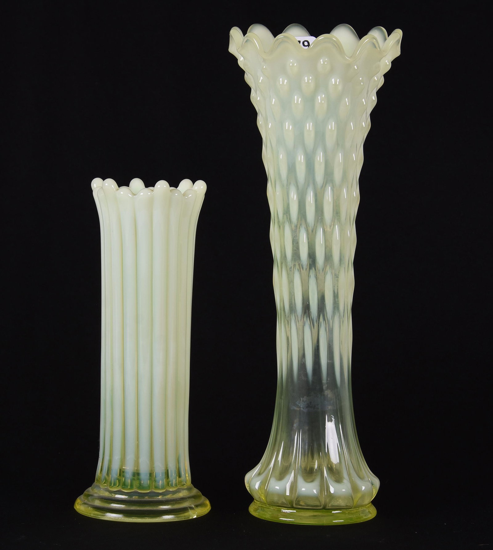 (2) Vases, vaseline opalescent: (2) Vases, vaseline opalescent; 10.5", 7" (1) 10.5" Hobnail and Panelled Thumbprint pattern; (1) 7" Many Ribs pattern ; Houghton Collection, Kansas