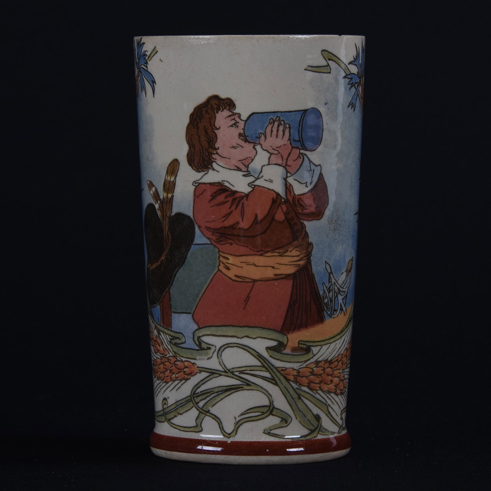 Stein Marked Mettlach #1094 Villeroy & Bach: Stein Marked Mettlach #1094 Villeroy & Bach; 5" Scenic .25 liter - cavalier drinking from stein - small glaze nick on rim; Cannon Collection, Kansas
