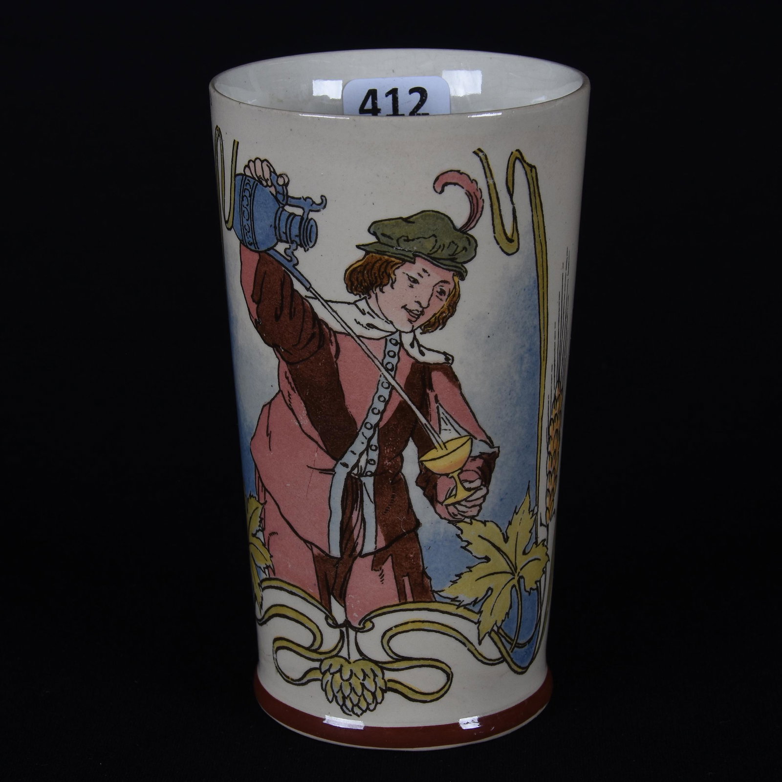 Beaker Marked Mettlach #1096 Villeroy & Bach: Marked Mettlach #1096 Villeroy & Bach; 5" Scenic .25 liter - man pouring wine; Cannon Collection, Kansas