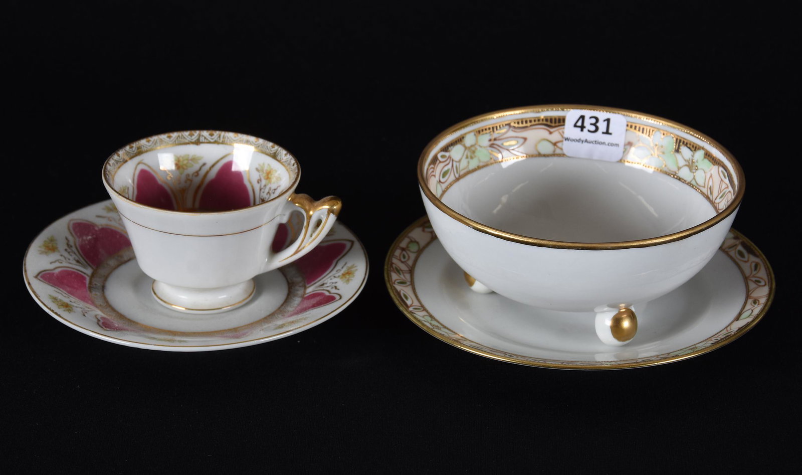Cup & saucer; mayo bowl & underplate: Cup & saucer; mayo bowl & underplate; (1) Made in Japan cup & saucer, white with pink domes and gold stencil highlights; (1) Nippon (pink wreath mark) mayonnaise bowl, white with gold border and bloss