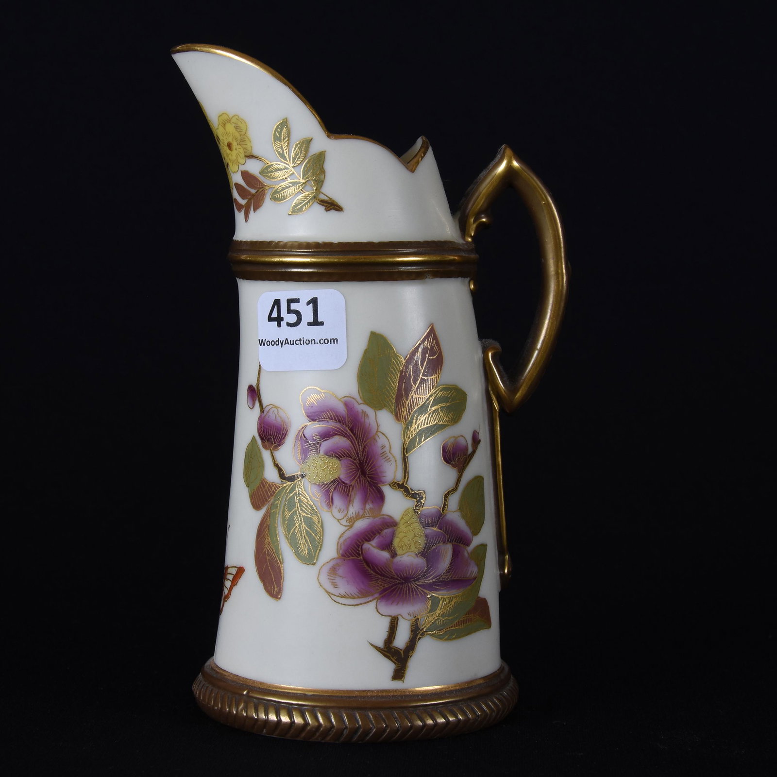 Creamer, marked Royal Worcester: Creamer, marked Royal Worcester; 6" Tusk shape, cream tones with butterfly and fly decor ; Callahan Collection, Oklahoma
