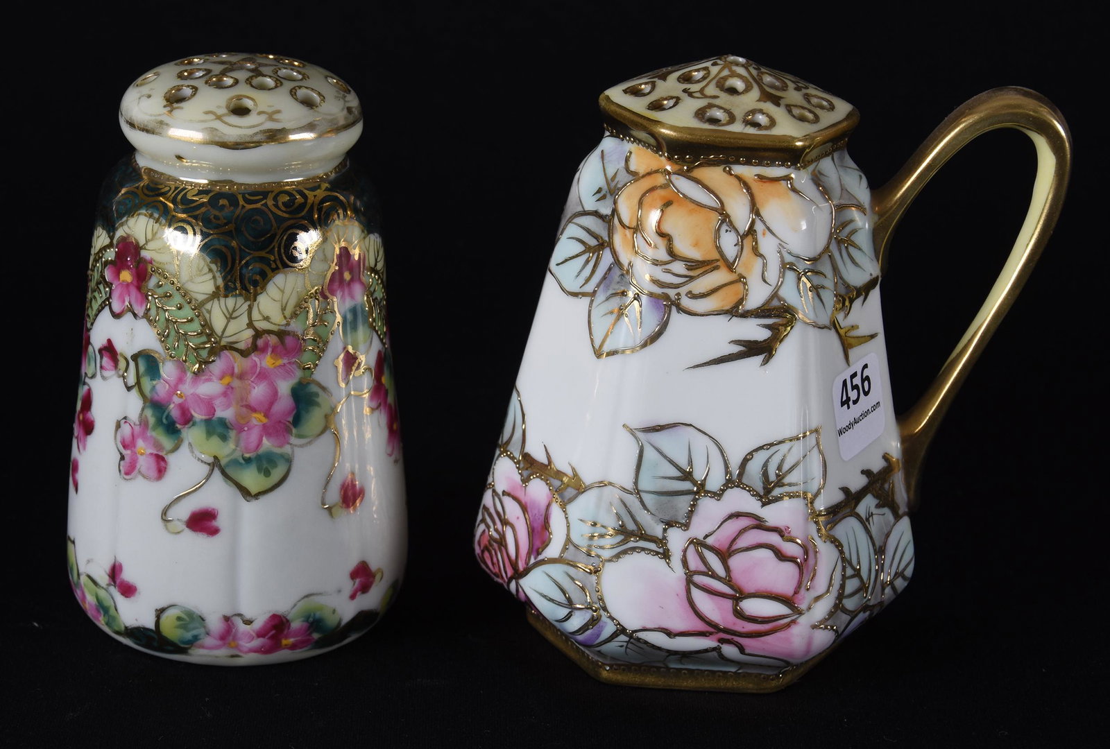 (2) Muffineers marked Nippon: (2) Muffineers marked Nippon; 5" (1) Six-sided, handled, blue and white with rose decor; (1) Melon ribbed, white and green with pink floral decor ; Callahan Collection, Oklahoma