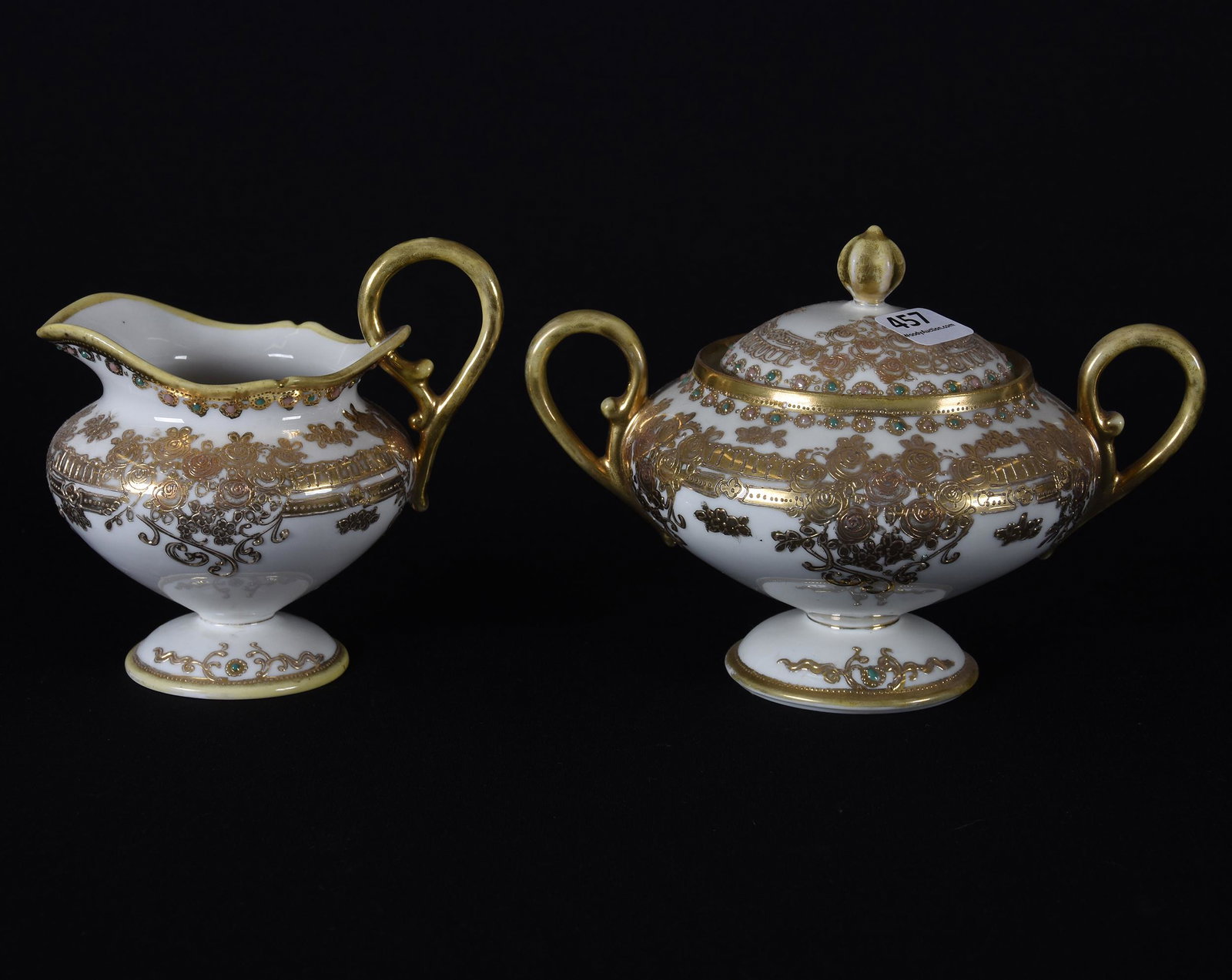 Pedestal creamer & sugar marked Nippon: Pedestal creamer & sugar marked Nippon; White with heavy gold and colored enamel beaded highlights ; Callahan Collection, Oklahoma