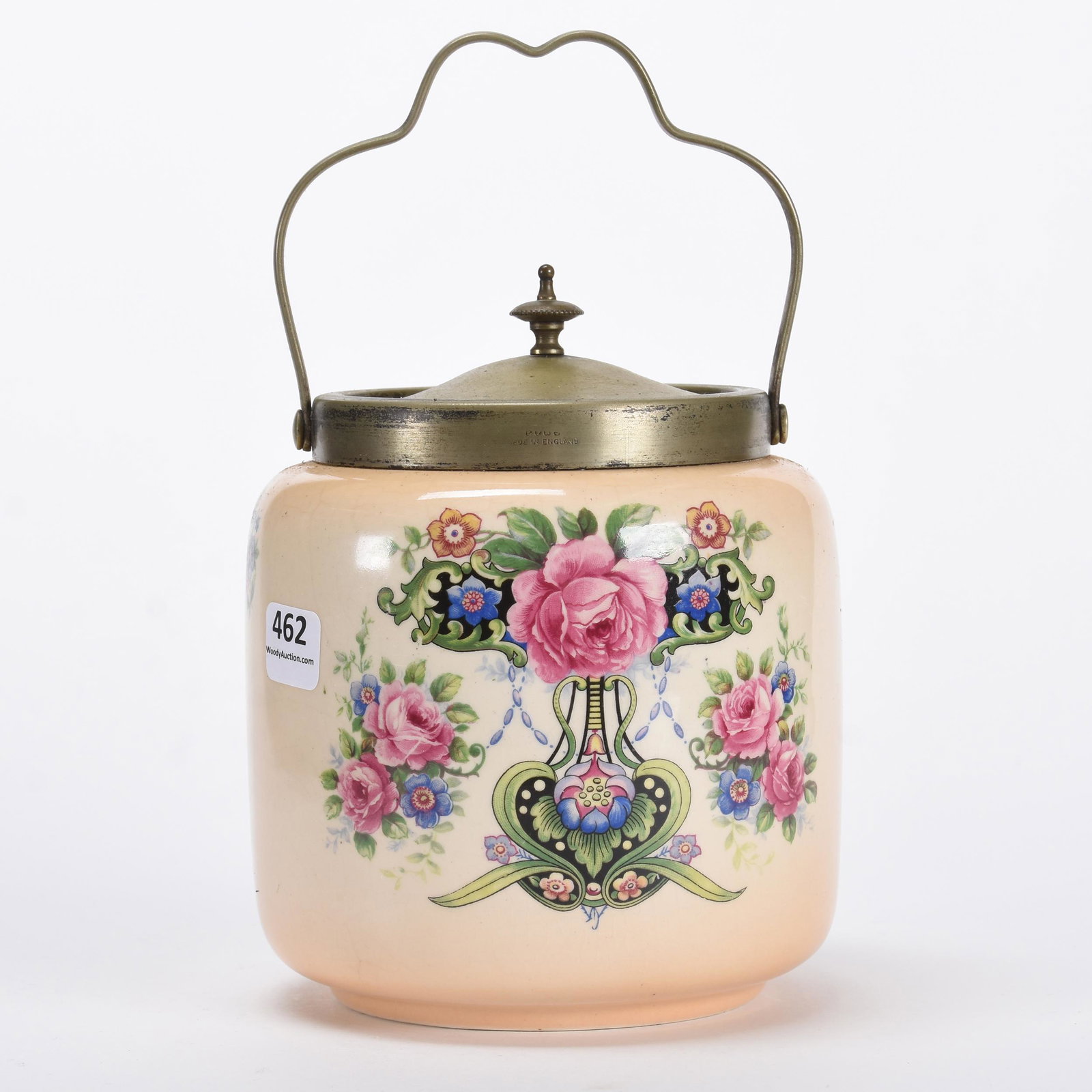 Biscuit jar, unmarked, English: Biscuit jar, unmarked, English; 6.5" ; Cream with pink rose decor, silverplate lid and bail; Callahan Collection, Oklahoma