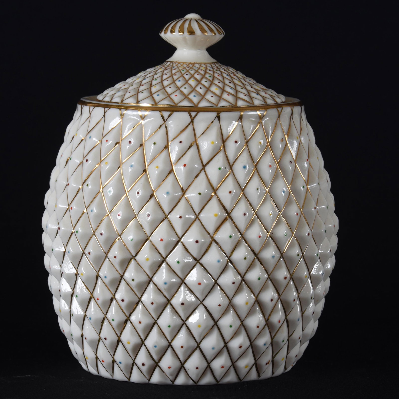 Biscuit jar, marked Belleek (green mark): Biscuit jar, marked Belleek (green mark); 7" Pineapple mold, unique colored points with gold highlights, lid has serious damage/repair (hard to see); Callahan Collection, Oklahoma