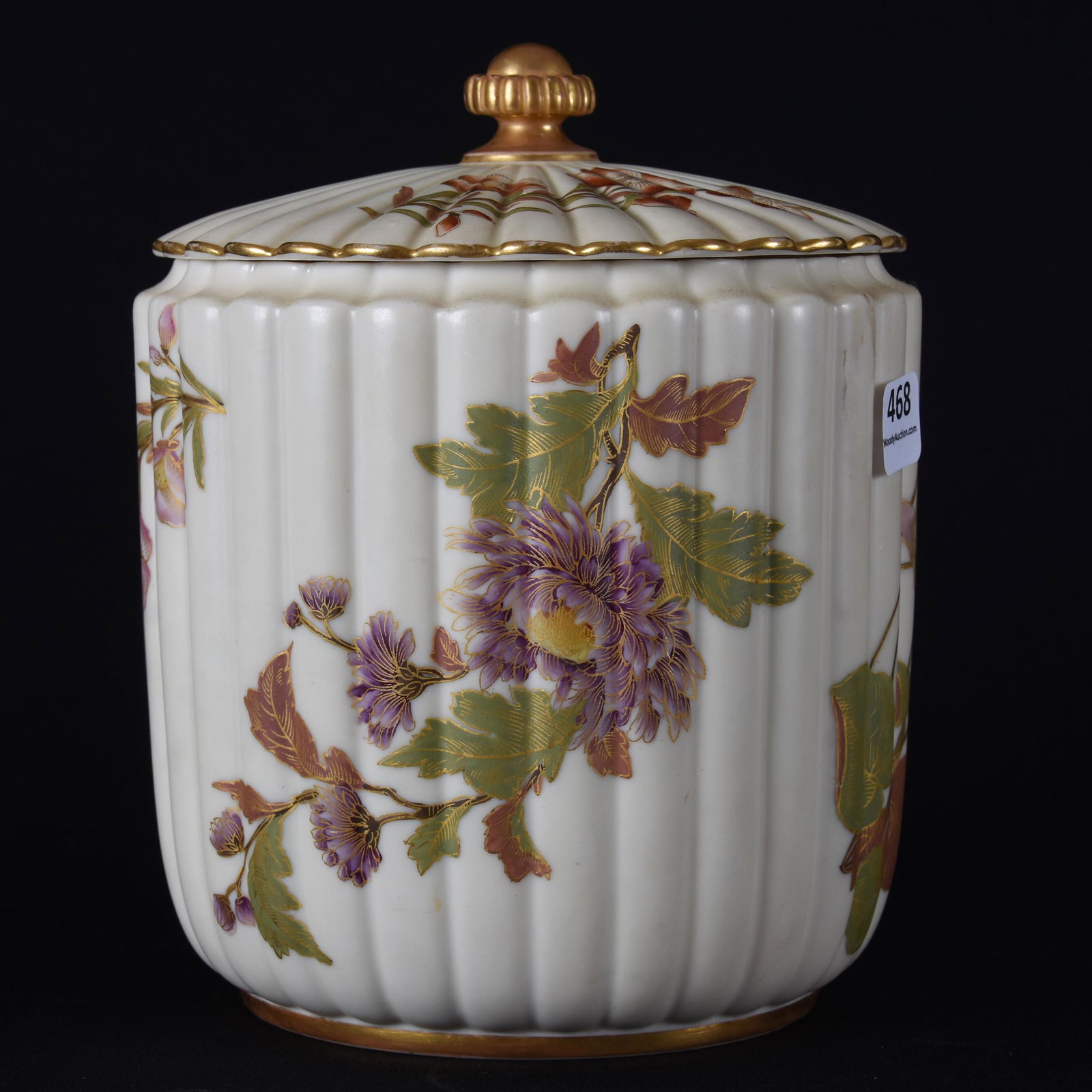 Biscuit jar, Royal Worcester #1282: Biscuit jar, Royal Worcester #1282; 7.5" Cream tones with bamboo design, colorful floral decor; Callahan Collection, Oklahoma