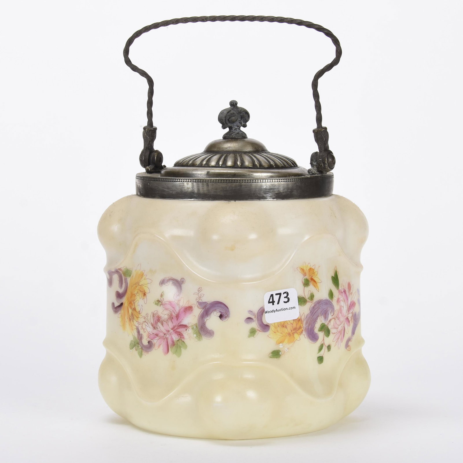 Biscuit jar, unmarked Wave Crest: Biscuit jar, unmarked Wave Crest; 7.5" Egg crate mold, yellow tones, floral decor, silverplate lid and bail, needs re-attached ; Callahan Collection, Oklahoma