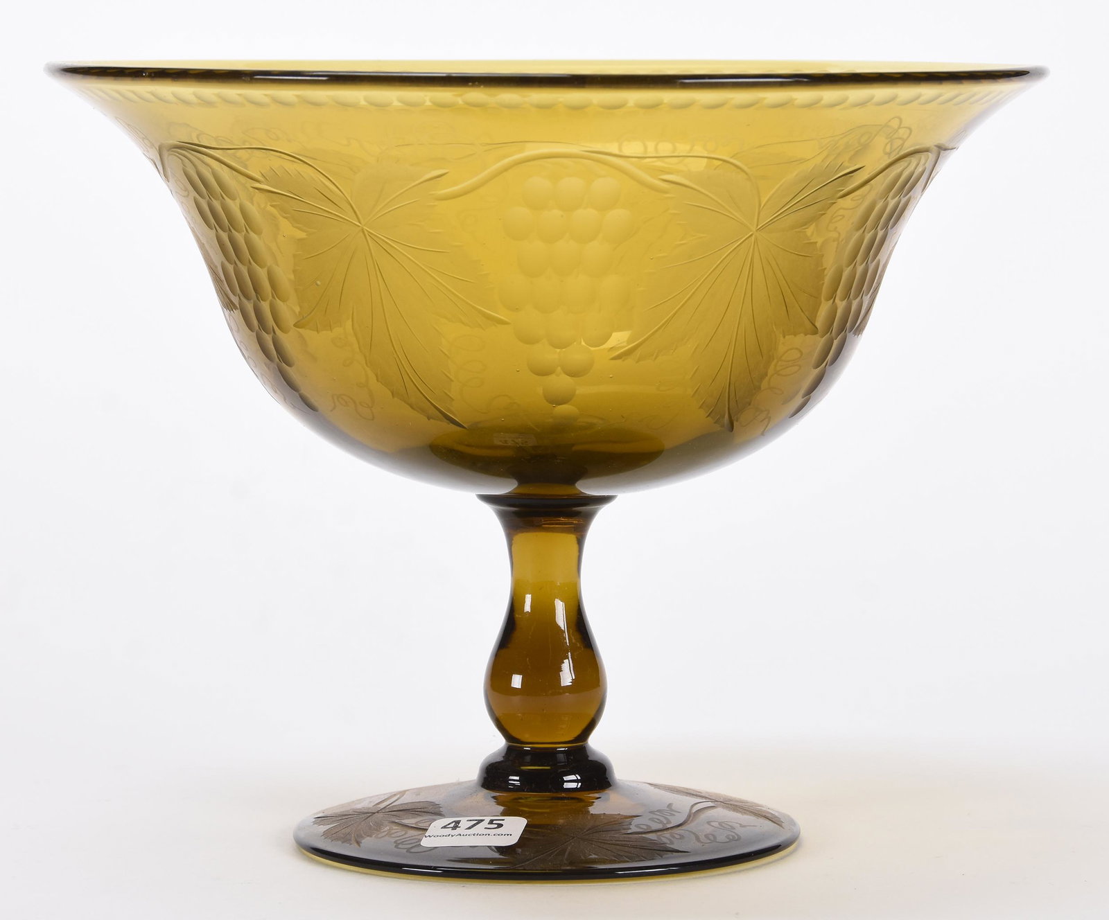 Compote by Pairpoint, solid golden amber: Compote by Pairpoint, solid golden amber; 7" x 9" Engraved vintage motif with pattern cut foot; Callahan Collection, Oklahoma