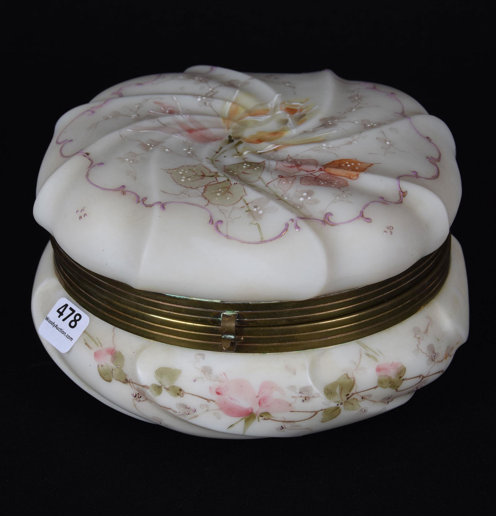 Wave Crest round hinged dresser box, unmarked: Wave Crest round hinged dresser box, unmarked; 4" X 7" Swirl mold, cream and white tones with pink and yellow rose decor, lavender enamel highlights ; Callahan Collection, Oklahoma