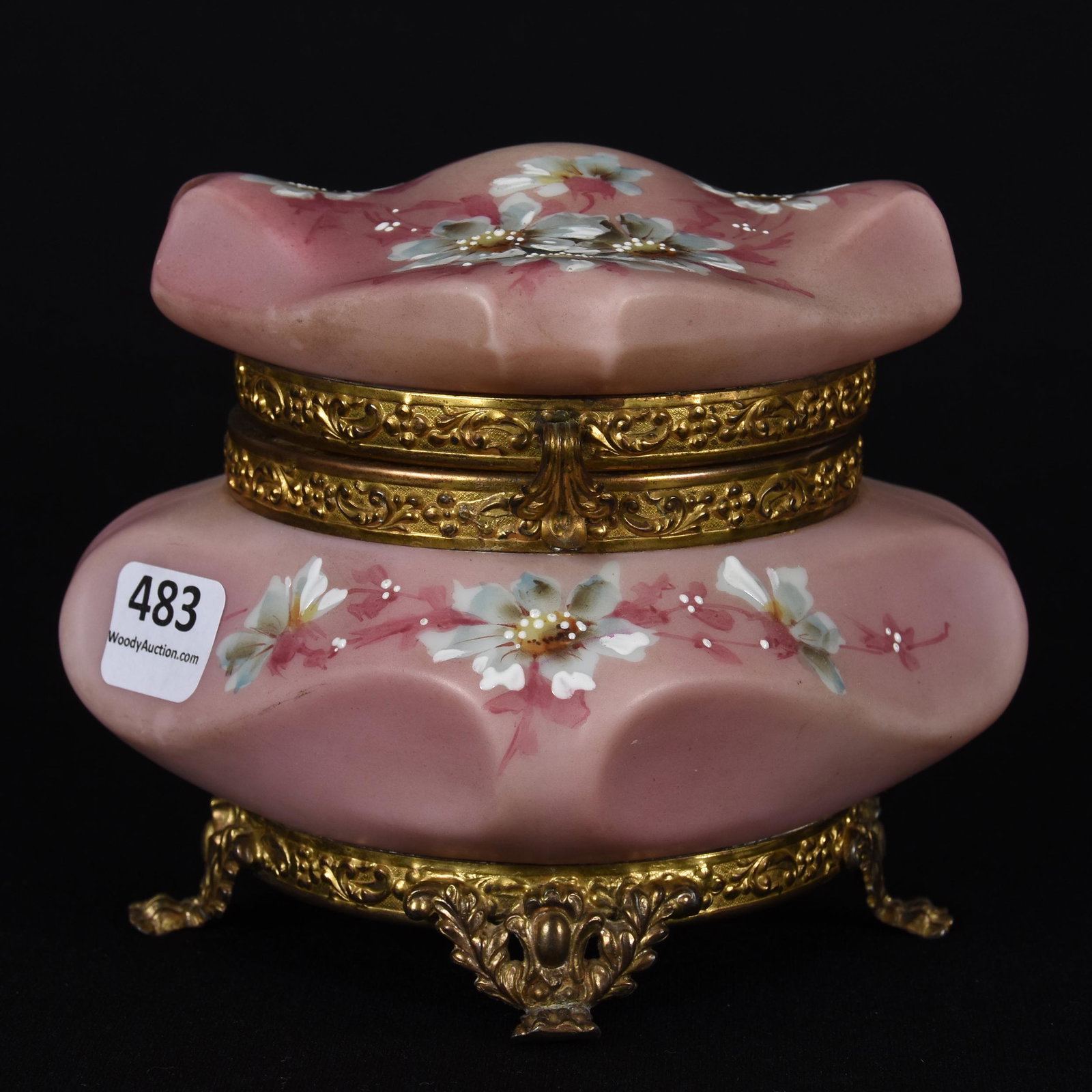 Nakara square hinged jewel box, marked: Nakara square hinged jewel box, marked; 4.25" x 5.25" Bishop's hat mold, pink and yellow tones, blue floral decor, original lining; Callahan Collection, Oklahoma