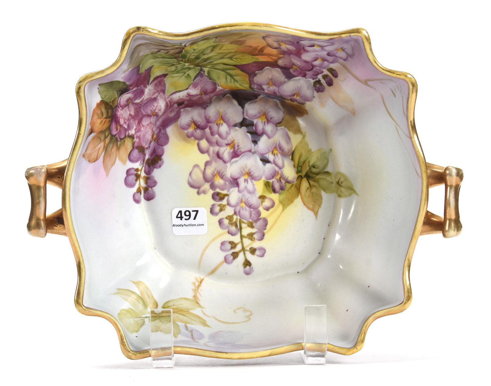 Square bowl marked Nippon (green wreath): Square bowl marked Nippon (green wreath); 3.5" x 8.5" Hand-painted floral decor interior, mottled brown and gray exterior, gold trim; Callahan Collection, Oklahoma