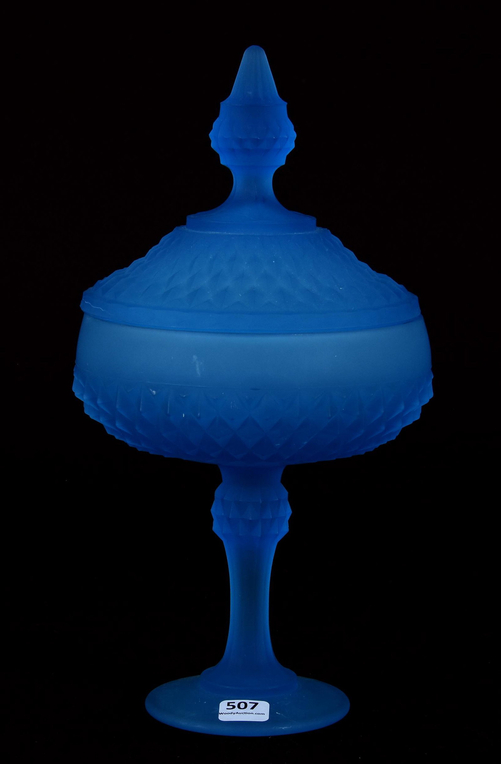 Frosted blue pattern glass covered compote: Frosted blue pattern glass covered compote; 11.75" x 6" Diamond point pattern; Private Collection, Kansas
