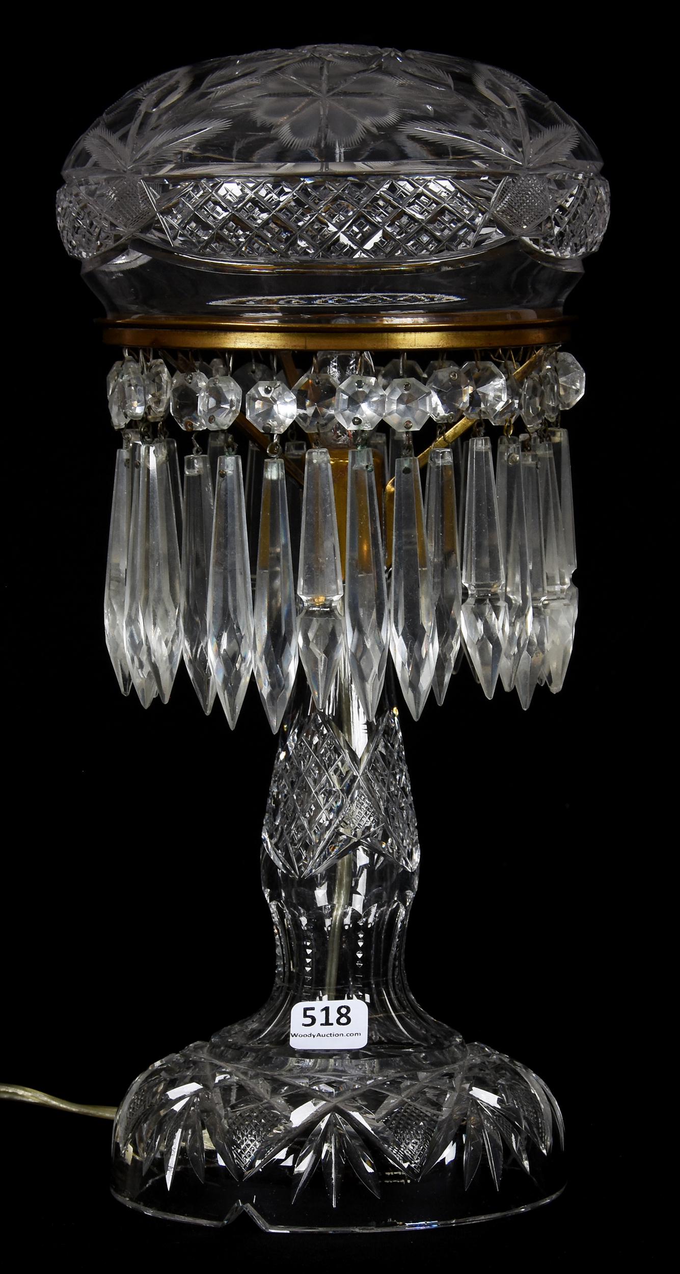 Boudoir lamp, American Brilliant Cut Glass: Boudoir lamp, American Brilliant Cut Glass; 13" x 6" ; Electric, single bulb - shade cut in flashed hobstar with engraved floral and crosscut diamond highlights, some chips on rim of shade - base rese