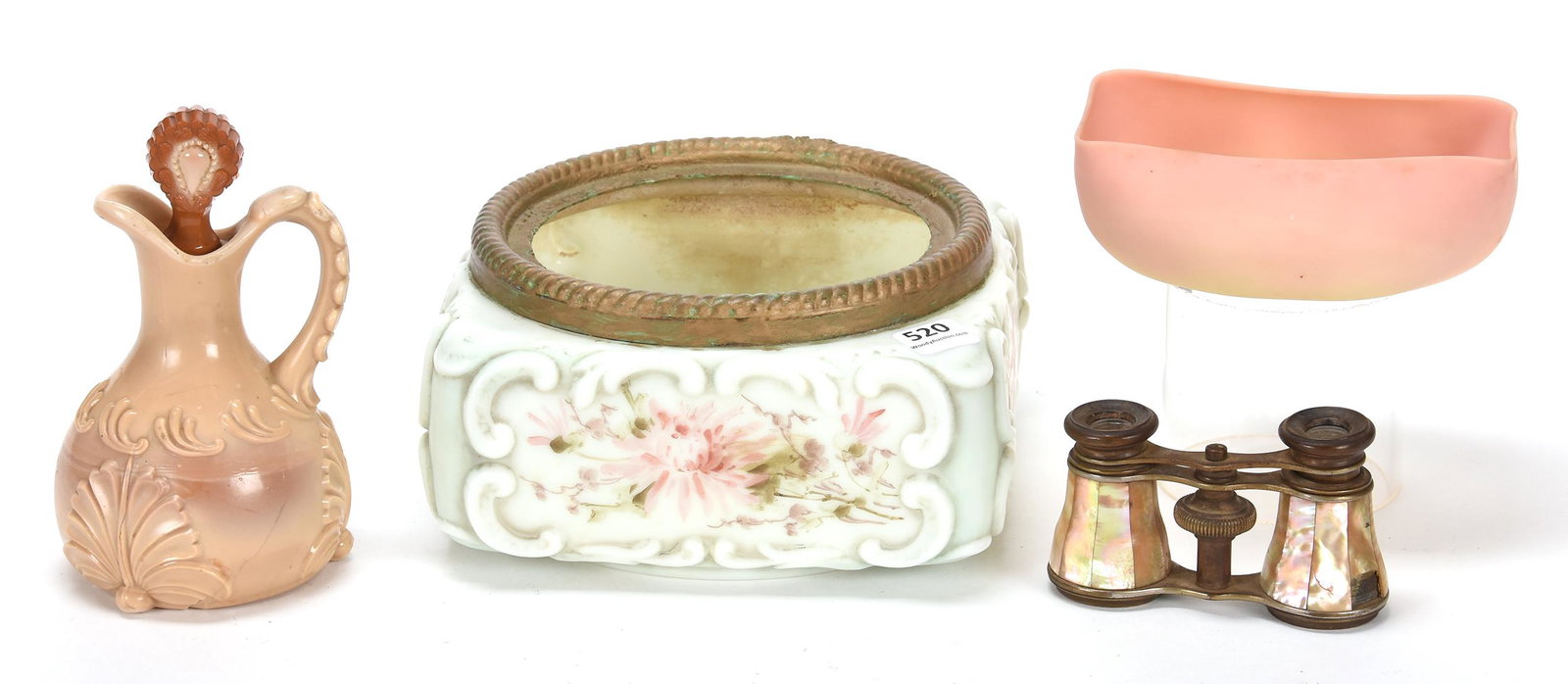 Assortment of various antique items with flaws: Assortment of various antique items with flaws; (1) unmarked Wave Crest ferner, scroll mold, hairline crack; (1) 5.75" Chocolate glass cruet, shell mold, crack; (1) 5" Mt. Washington burmese bowl, out