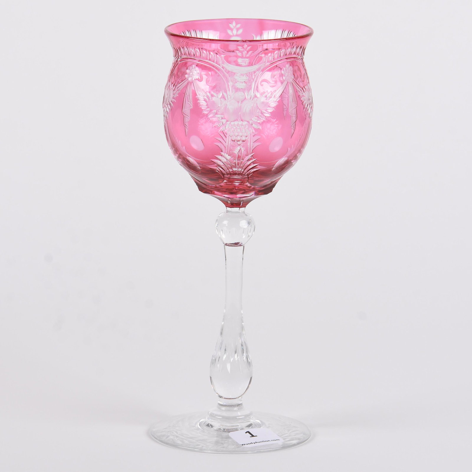 Wine Stem Signed Webb: Wine Stem Signed Webb; 7.5" Cranberry Overlay Cut to Clear with Engraved Fruit Garland Decor, Circa 1920's, Clear Stem and Foot with Engraved Highlights; Goodrich Collection, New York