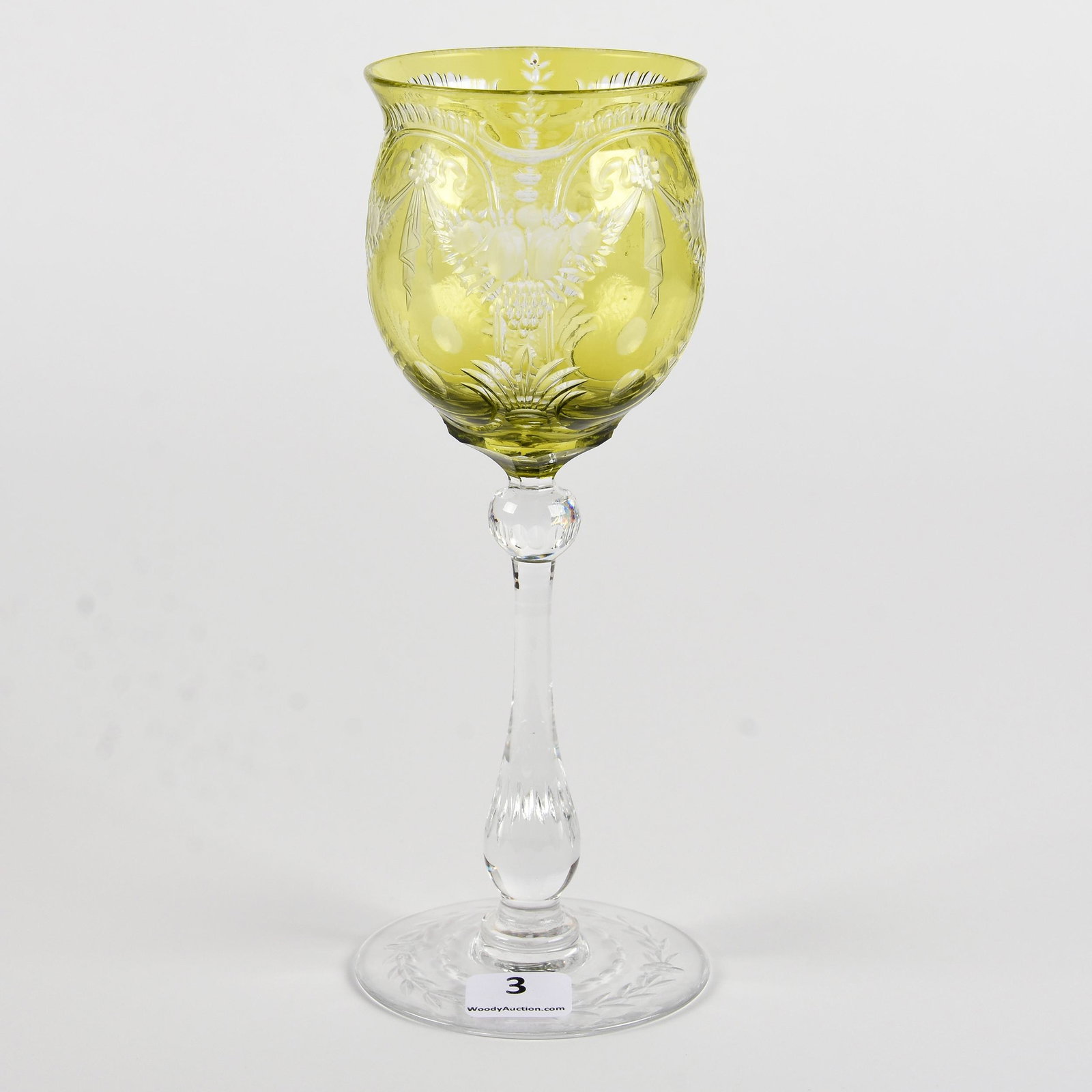 Wine Stem Signed Webb: Wine Stem Signed Webb; 7.75" Yellow Overlay Cut to Clear with Engraved Fruit Garland Decor, Circa 1920's, Clear Stem and Foot with Engraved Highlights; Goodrich Collection, New York