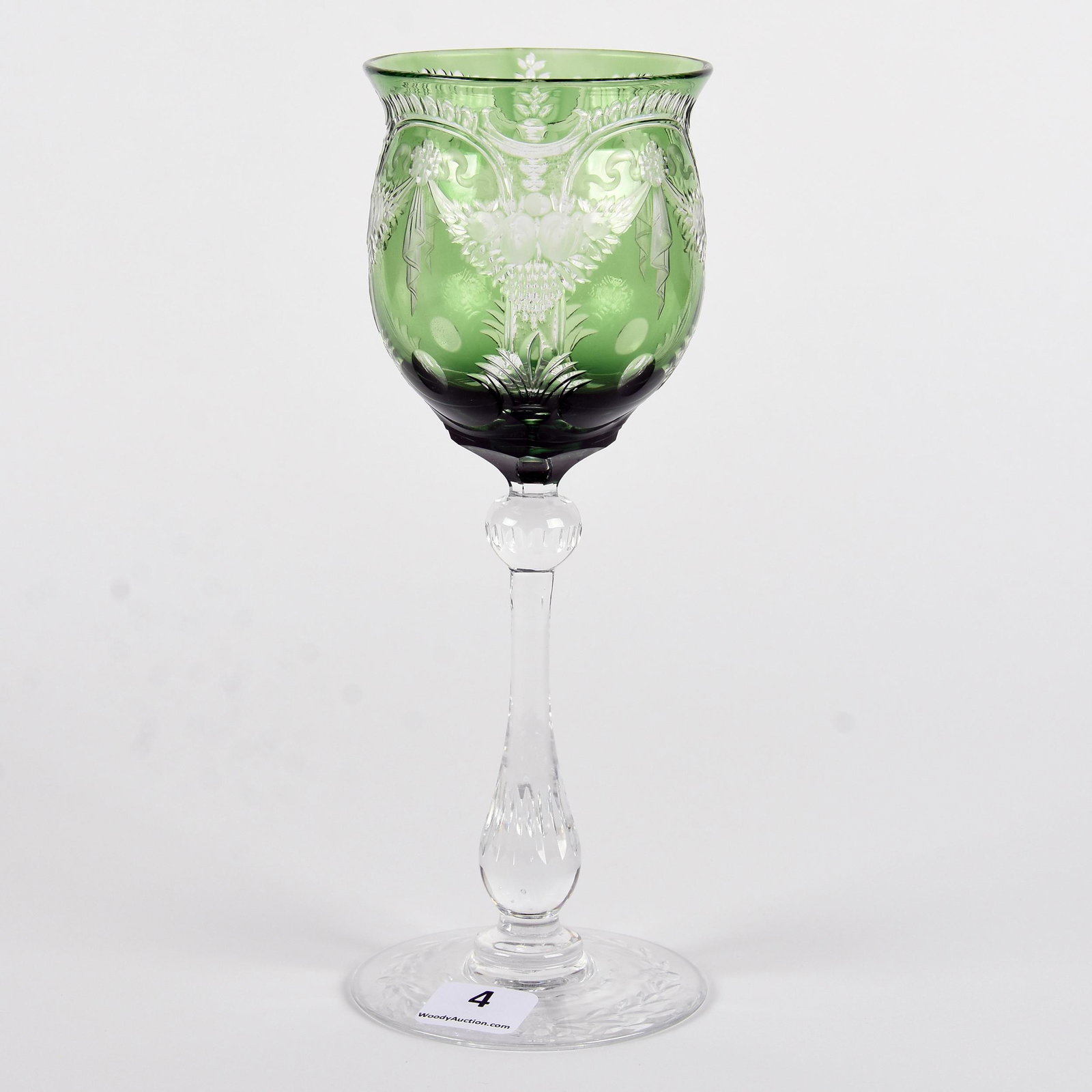 Wine Stem Signed Webb: Wine Stem Signed Webb; 7.75" Green Overlay Cut to Clear with Engraved Fruit Garland Decor, Circa 1920's, Clear Stem and Foot with Engraved Highlights; Goodrich Collection, New York