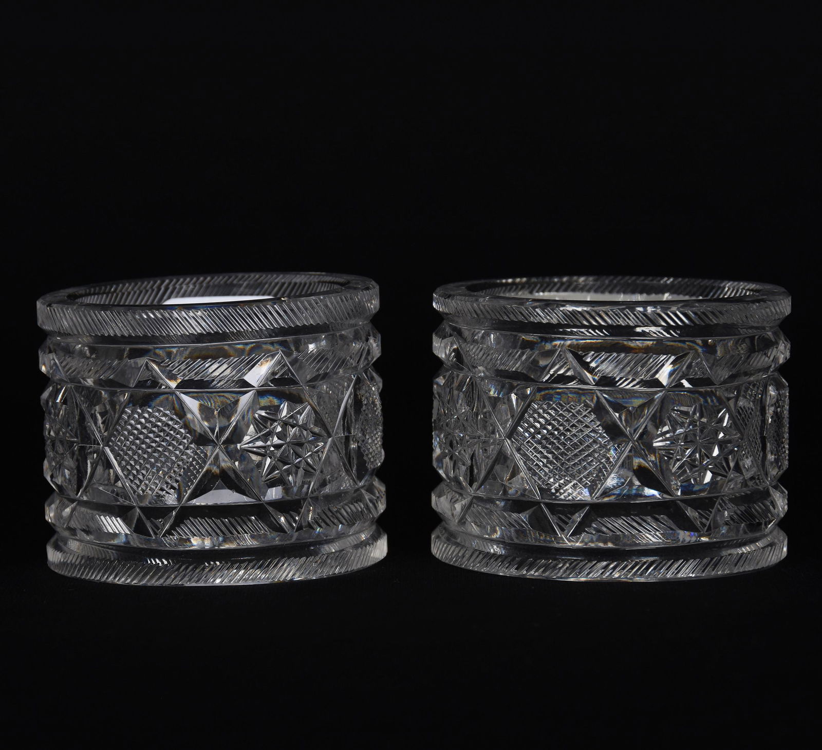 Pair Napkin Rings, American Brilliant Cut Glass: Pair Napkin Rings, American Brilliant Cut Glass; 2.25" x 1.75" Hobstar, Strawberry Diamond and Feather Motif; Goodrich Collection, New York