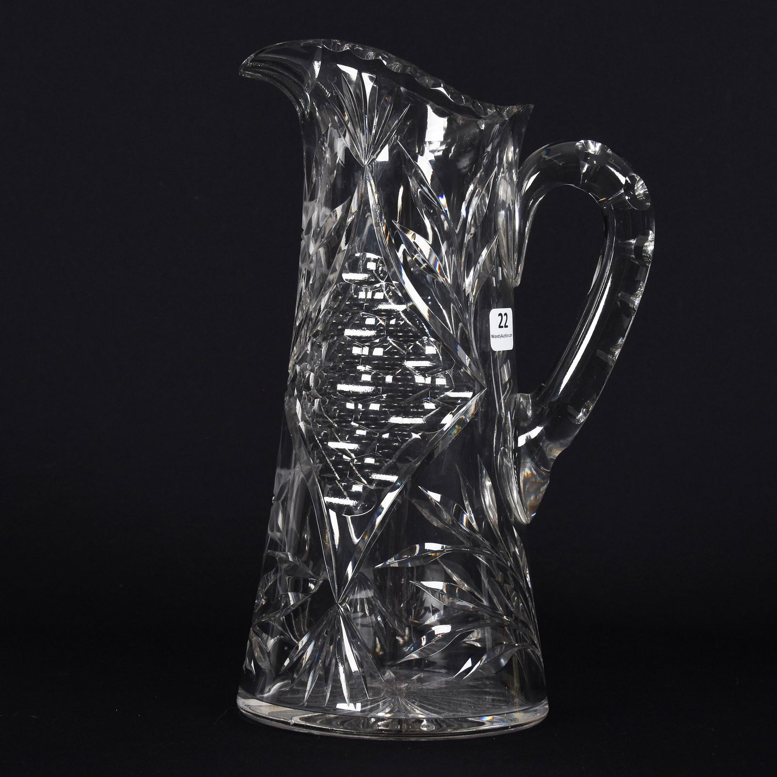 Water Pitcher, American Brilliant Cut Glass: Water Pitcher, American Brilliant Cut Glass; 11.25" Poinsettia Pattern by Ideal Cut Glass, Double Notched Handle, Ray Cut Base; Goodrich Collection, New York