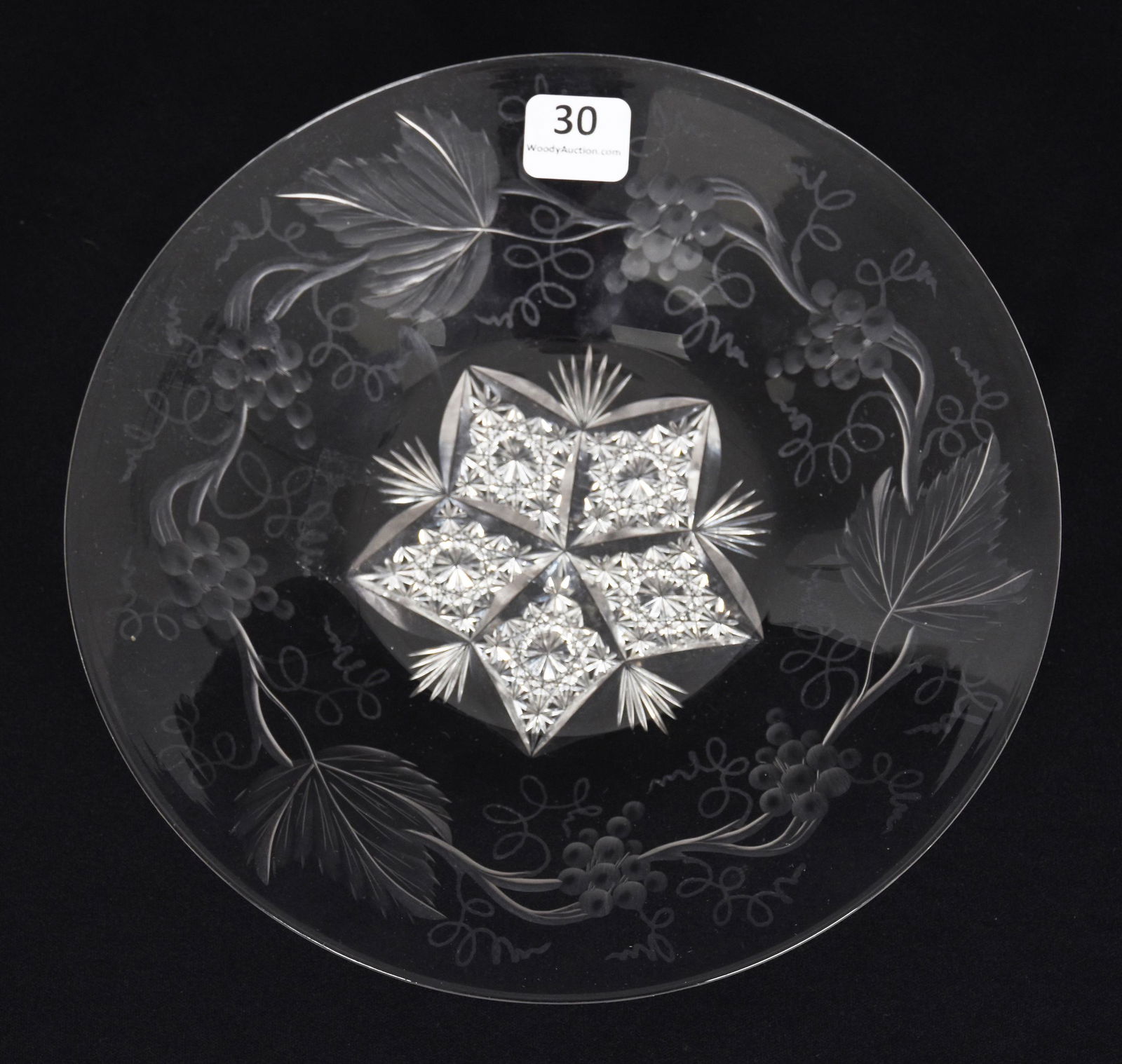 Plate, American Brilliant Cut Glass: Plate, American Brilliant Cut Glass; 8" Signed Tuthill, Hobstar Cluster Center Creating Five Point Star Design, Engraved Vintage Border; Goodrich Collection, New York