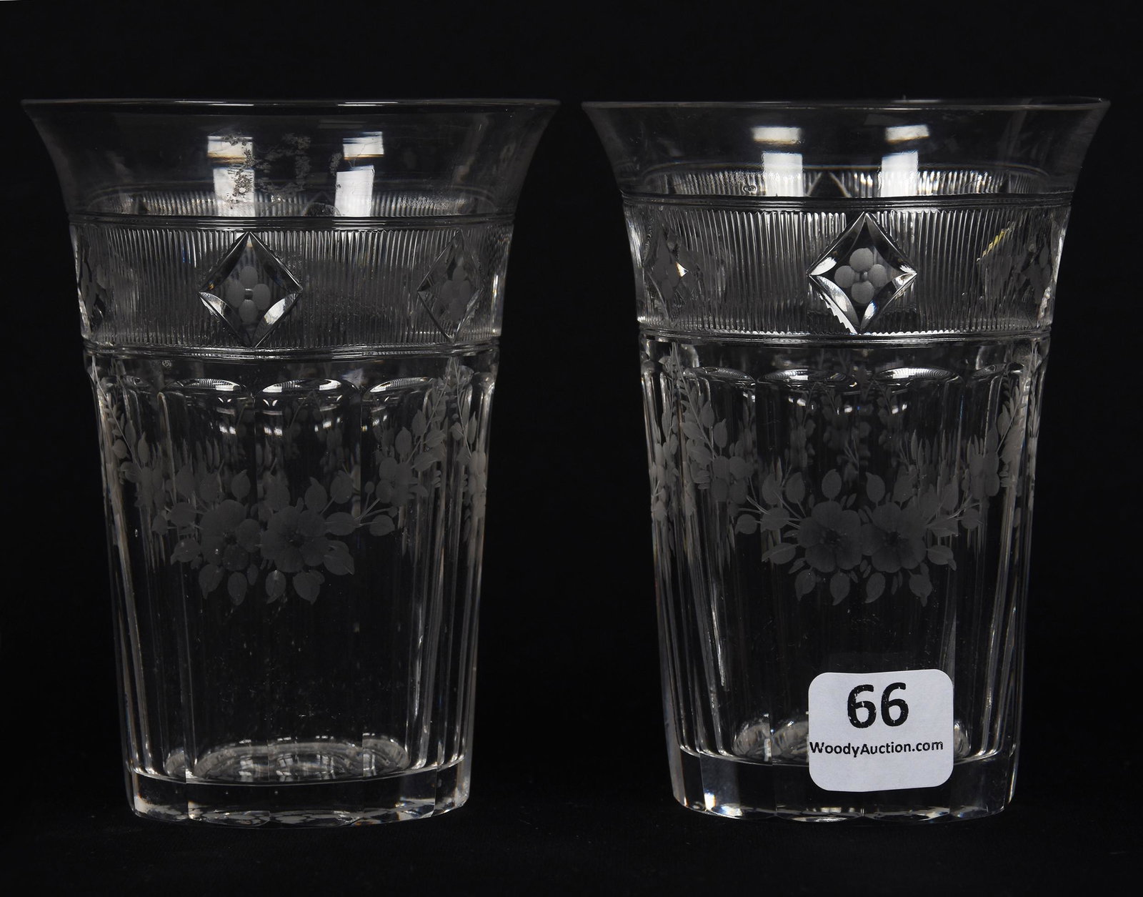 (2) Tumblers, American Brilliant Cut Glass: (2) Tumblers, American Brilliant Cut Glass; 4.25" Signed Sinclaire, Engraved Floral Garland and Diamond Windows; Goodrich Collection, New York