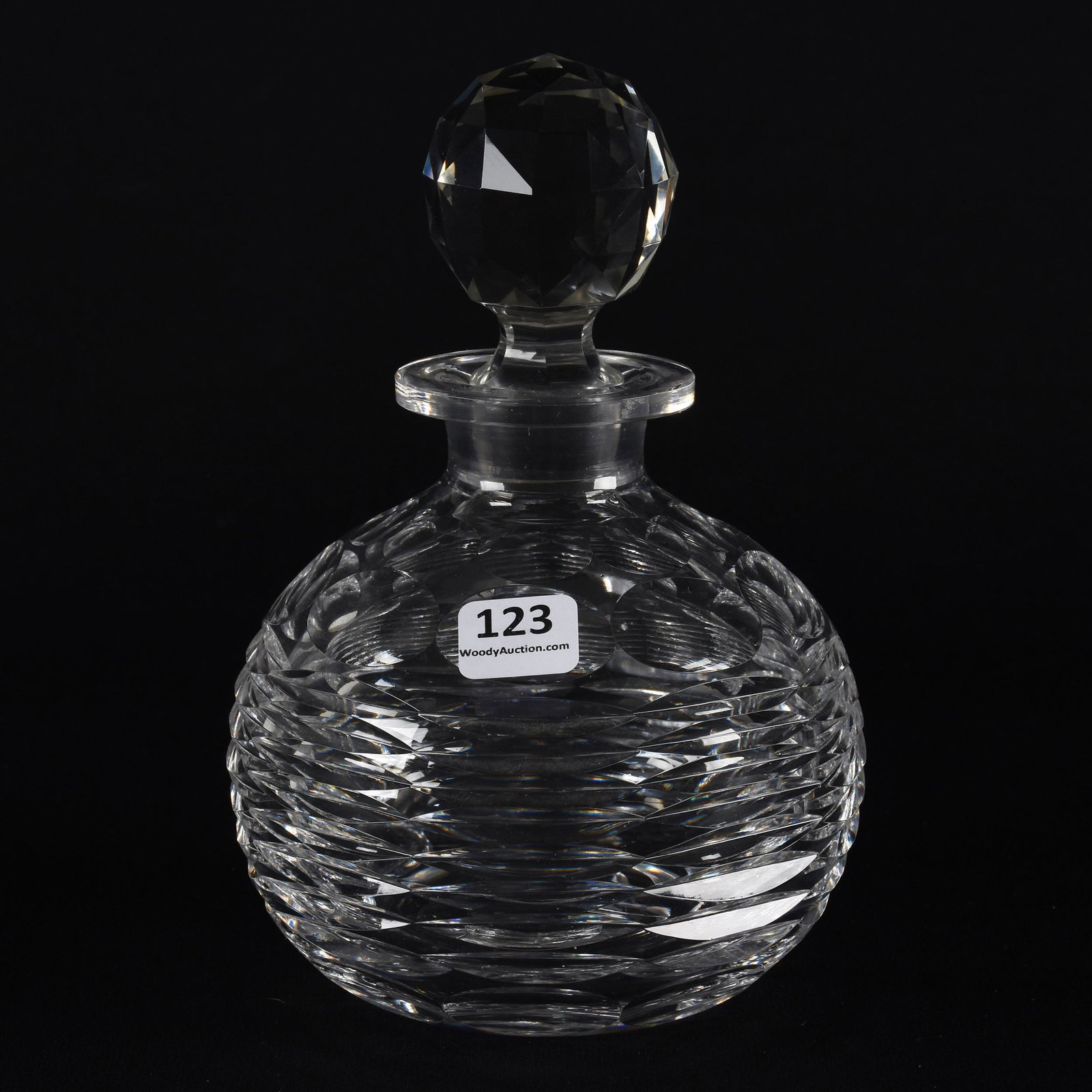 Cologne Bottle, American Brilliant Cut Glass: Cologne Bottle, American Brilliant Cut Glass; 7" Ball Shape with Horizontal Mitre and Punty Motif, Polished Pontil Base; Frosch Collection, Texas