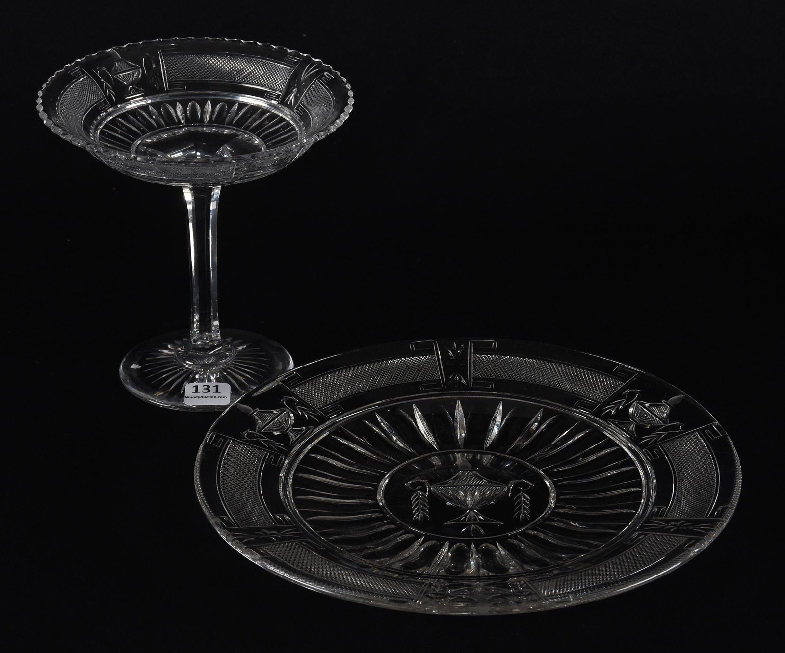 Plate & Compote, American Brilliant Cut Glass: Plate & Compote, American Brilliant Cut Glass; 10", 6" x 5.75" Urn and Flame Pattern by Pairpoint, Patent 1907; (1) 10" Plate; (1) 6" X 5.75" Compote; Frosch Collection, Texas