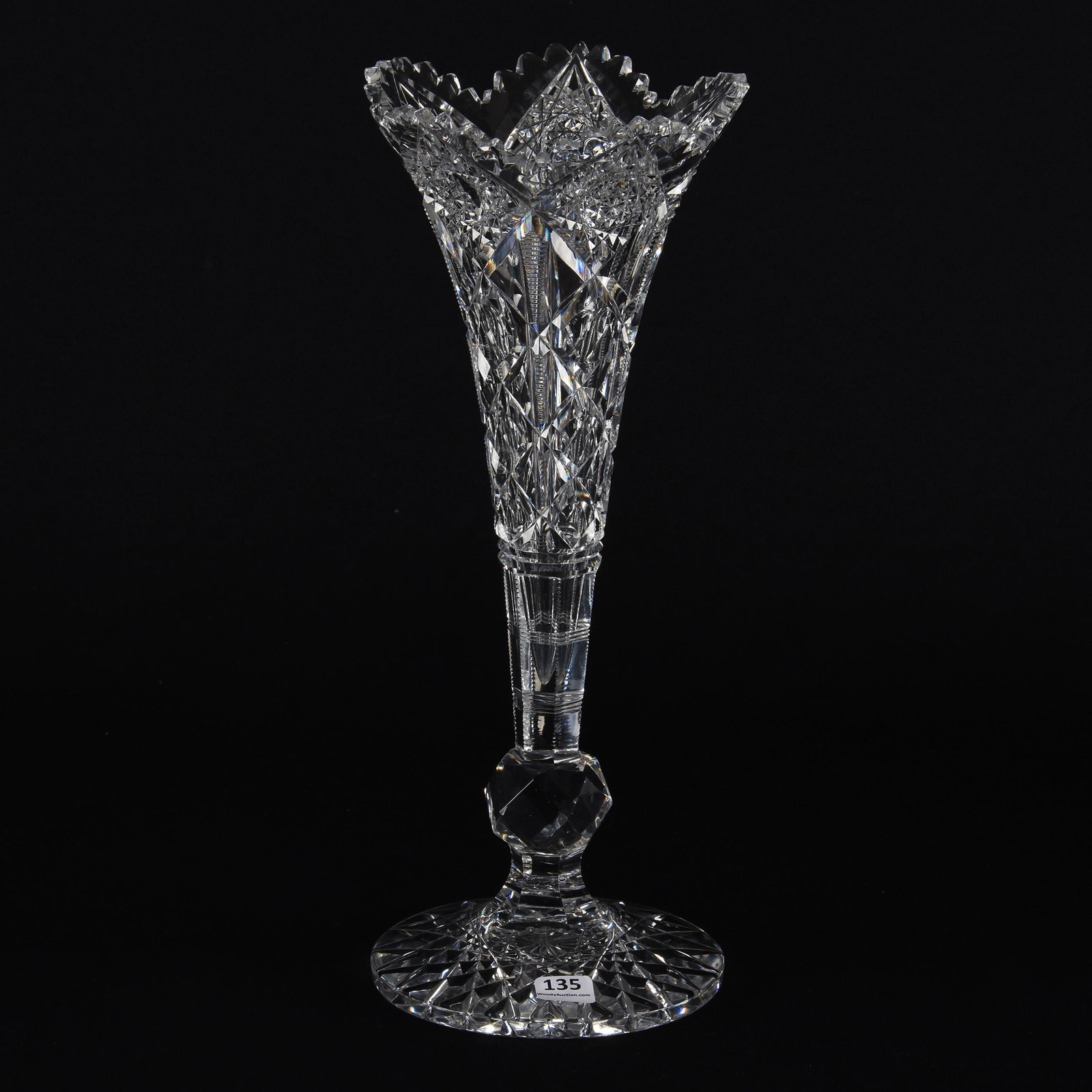 Vase, American Brilliant Cut Glass: Vase, American Brilliant Cut Glass; 14" Trumpet Shape, Navarre Pattern by Hawkes, Hobstar Foot, Quality Blank; Frosch Collection, Texas. UPDATED 1-3-2020: The base rim has likely been polished.