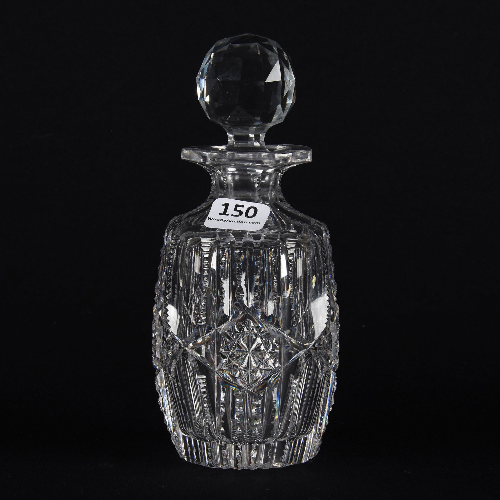 Cologne Bottle, American Brilliant Cut Glass: Cologne Bottle, American Brilliant Cut Glass; 6.25" Hobstar, Prism and Long Thumbprint Motif, Ray Cut Base; Frosch Collection, Texas