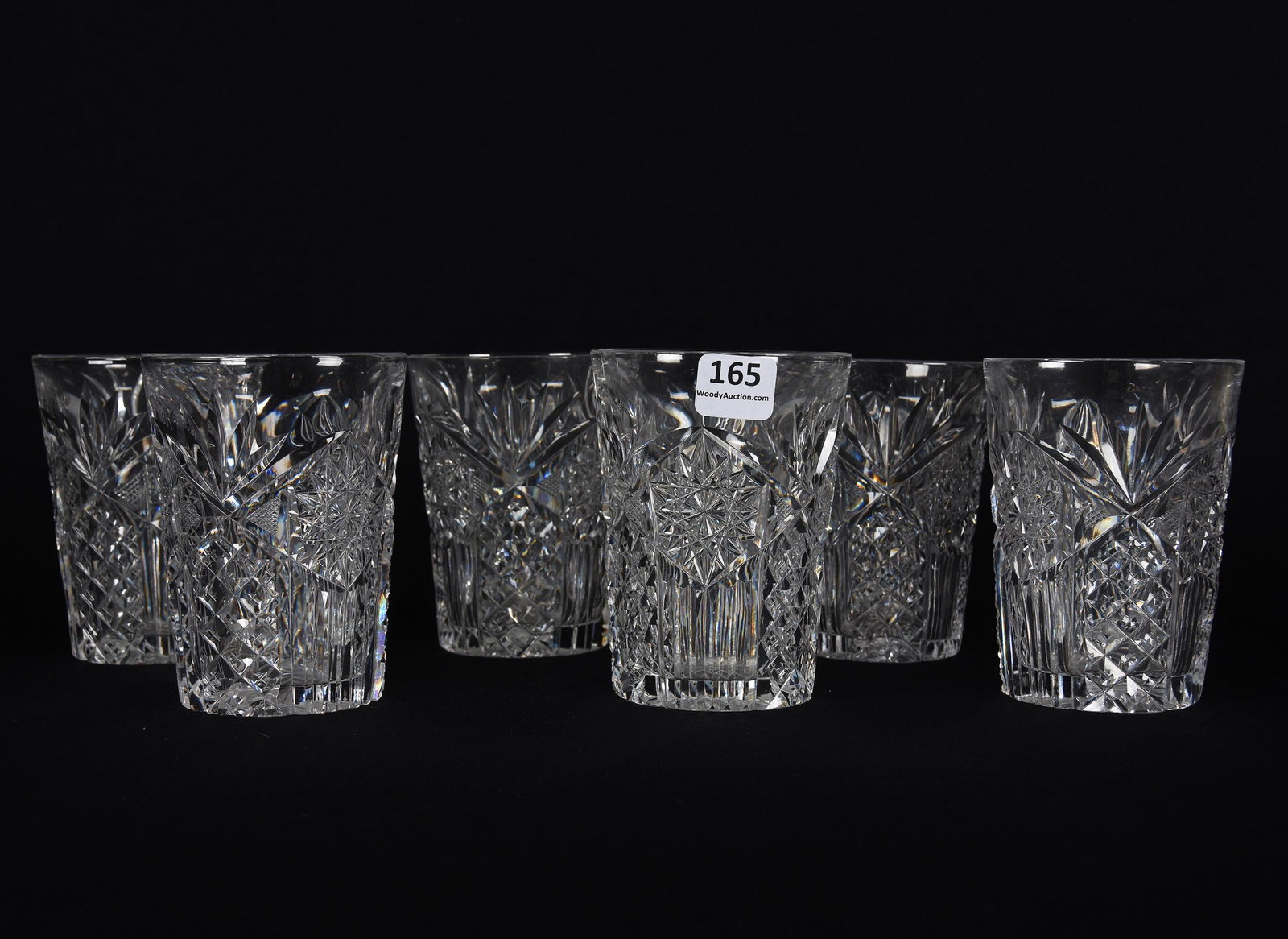 (6) Tumblers, American Brilliant Cut Glass: (6) Tumblers, American Brilliant Cut Glass; 4" Signed Libbey Pattern #208, Ray Cut Base; Frosch Collection, Texas