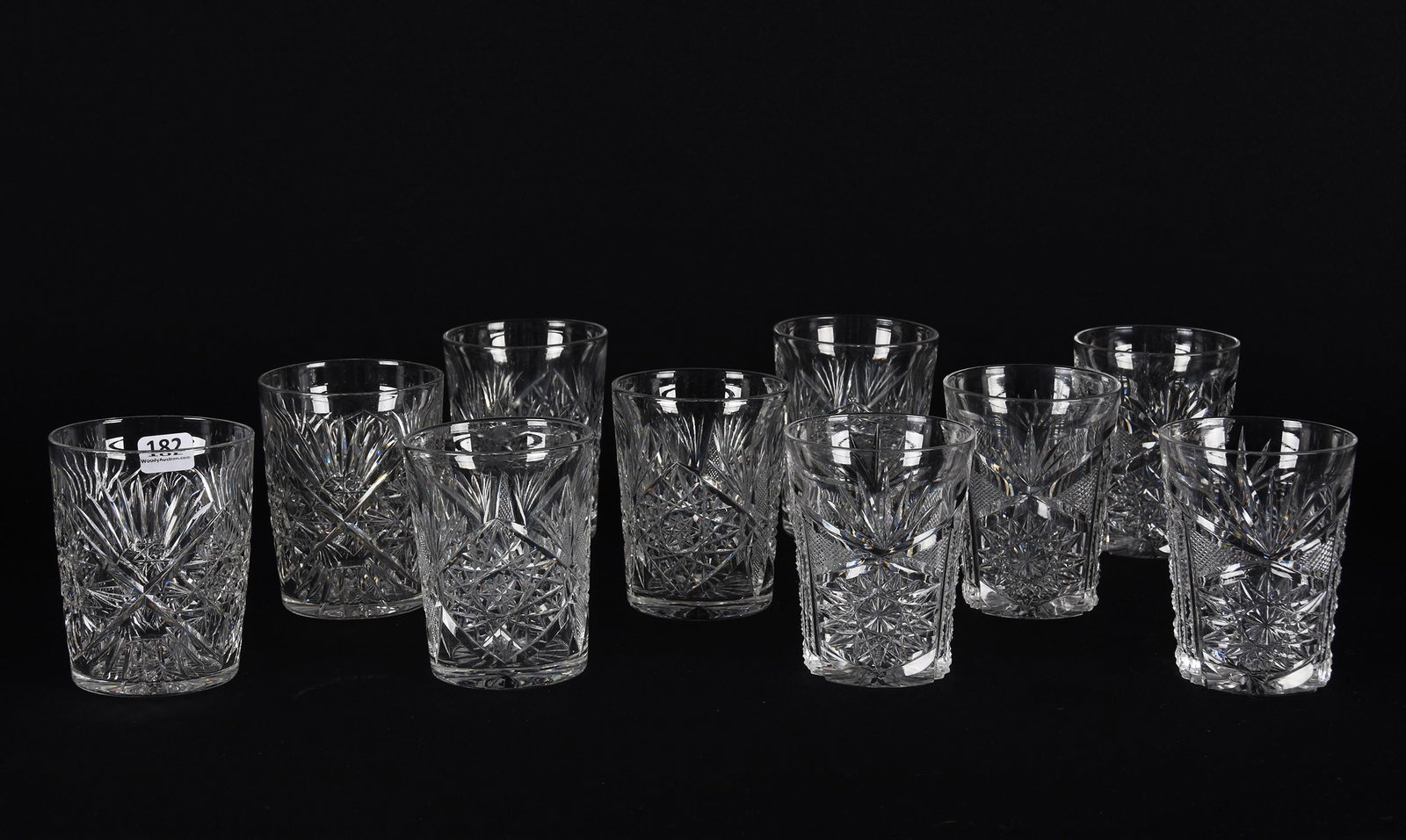 (10) Tumblers, American Brilliant Cut Glass: (10) Tumblers, American Brilliant Cut Glass; 3.75", Three Different Sets; (4) Hobstar, Strawberry Diamond and Fan Motif; (2) Flashed Hobstar, Bullseye and Fan Motif; (4) Hobstar, Strawberry Diamond, P