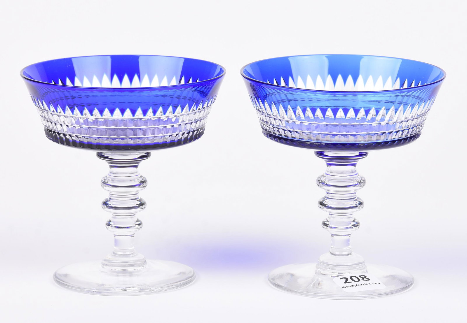 Pair Color Cut Champagne Stems, Brilliant Period Cut: Pair Champagne Stems, Brilliant Period Cut Glass; 4" Blue Cut to Clear, Pattern Resembles Renaissance by Dorflinger, Triple Ring Stem, Uncut Foot; Frosch Collection, Texas