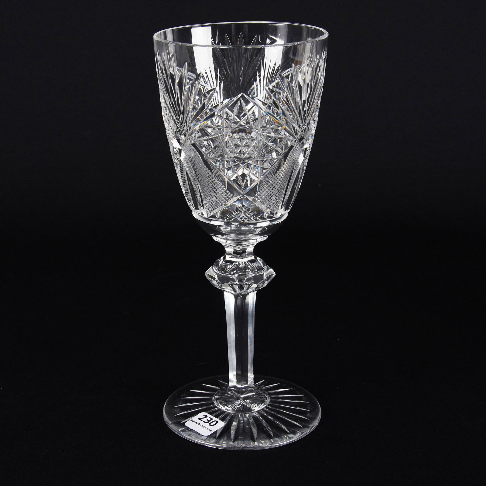 Goblet, Val St. Lambert: Goblet, Val St. Lambert; 9.75" Hobstar, Strawberry Diamond, Tusk and Fan Motif, Facet Cut Teardrop Stem, Ray Cut Foot; Frosch Collection, Texas
