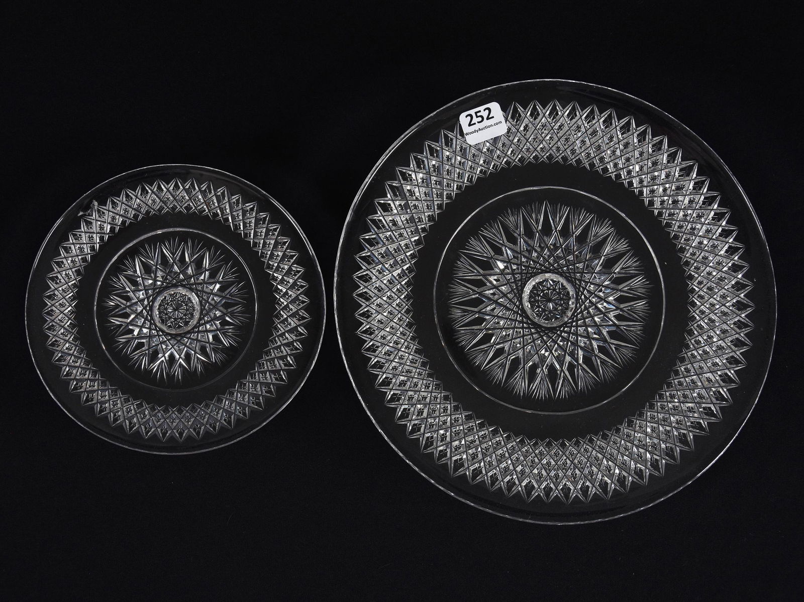 (2) Serving Plates, American Brilliant Cut Glass: (2) Serving Plates, American Brilliant Cut Glass; 9", 6" (1) 9" Signed J. Hoare, Pattern #1483; (1) 6" Pattern #1483, Unsigned - Extra Clear Blanks; Frosch Collection, Texas
