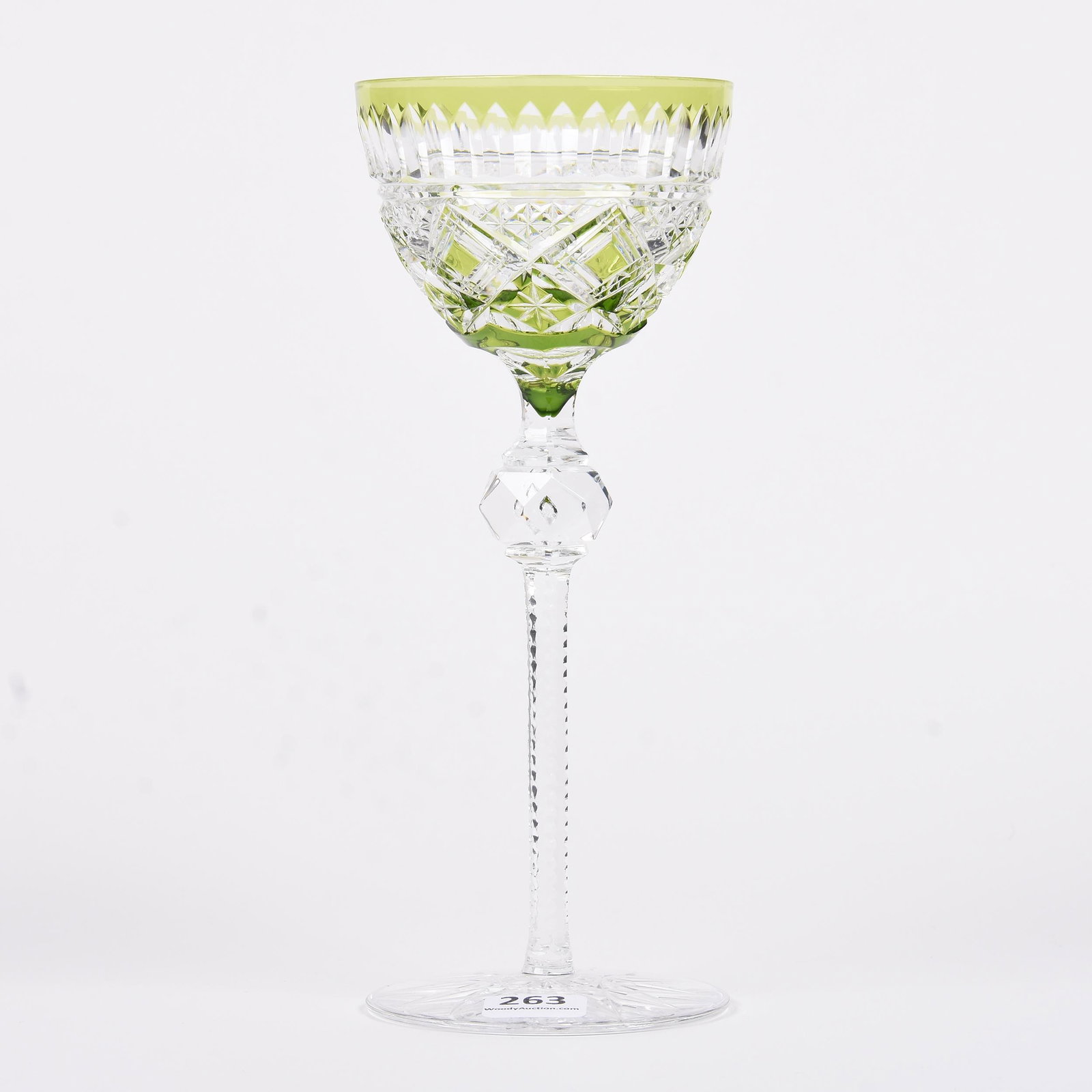 Wine Stem Val St. Lambert: Wine Stem Val St. Lambert Brilliant Period Cut Glass; 8" Pluton Pattern, Circa 1925, Large Lapidary Teardrop Knob Stem, Hobstar Foot, Green Cut to Clear; LaCroix Collection, New Hampshire