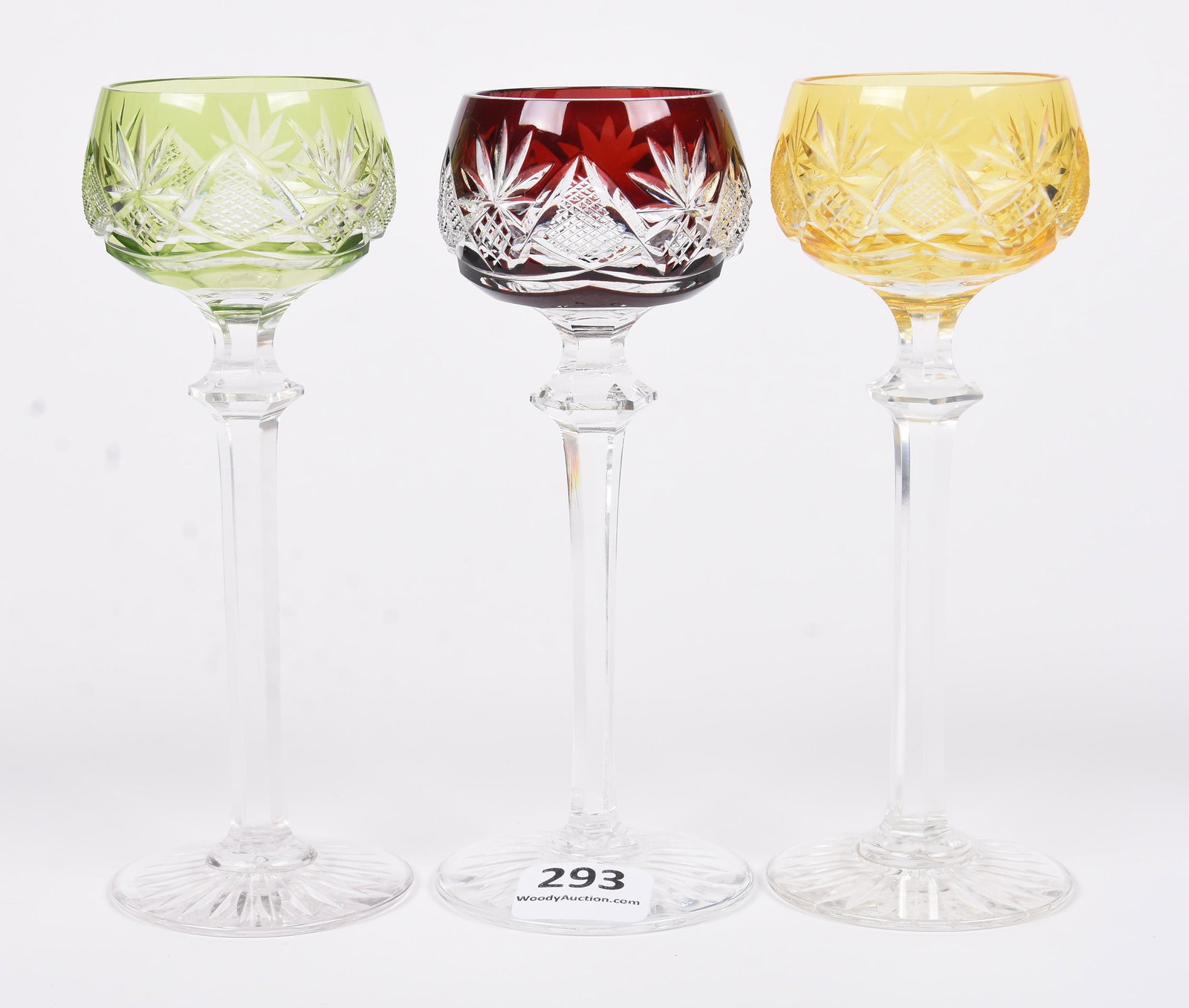 (3) Cordial Stems, Val St. Lambert: (3) Cordial Stems, Val St. Lambert; 5.25" Brilliant Period Cut Glass; Eurydice Pattern, Ca. 1905, Berncastel Stem, Ray Cut Foot; (1) Ruby to Clear; (1) Green Cut to Clear; (1) Orange Cut to Clear; LaC