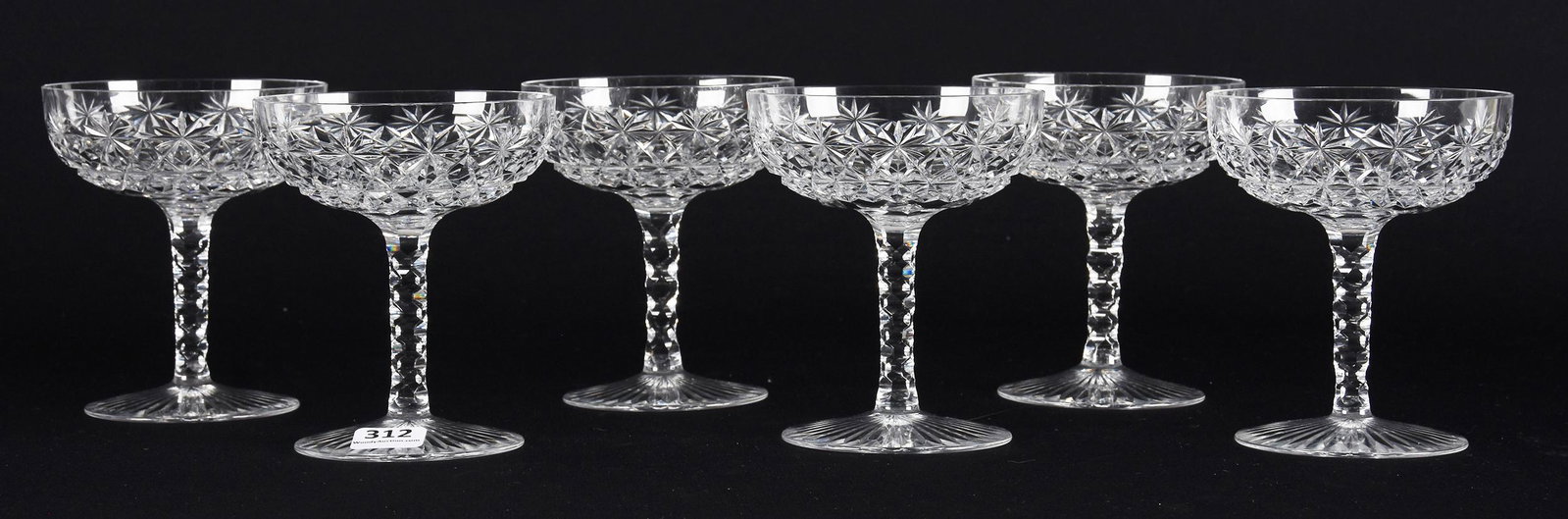 (6) Champagne Stems, Val St. Lambert: (6) Champagne Stems, Val St. Lambert; 4.5" Brilliant Period Cut Glass; Richard Pattern, Diamond Cut Stem, Ray Cut Foot; LaCroix Collection, New Hampshire