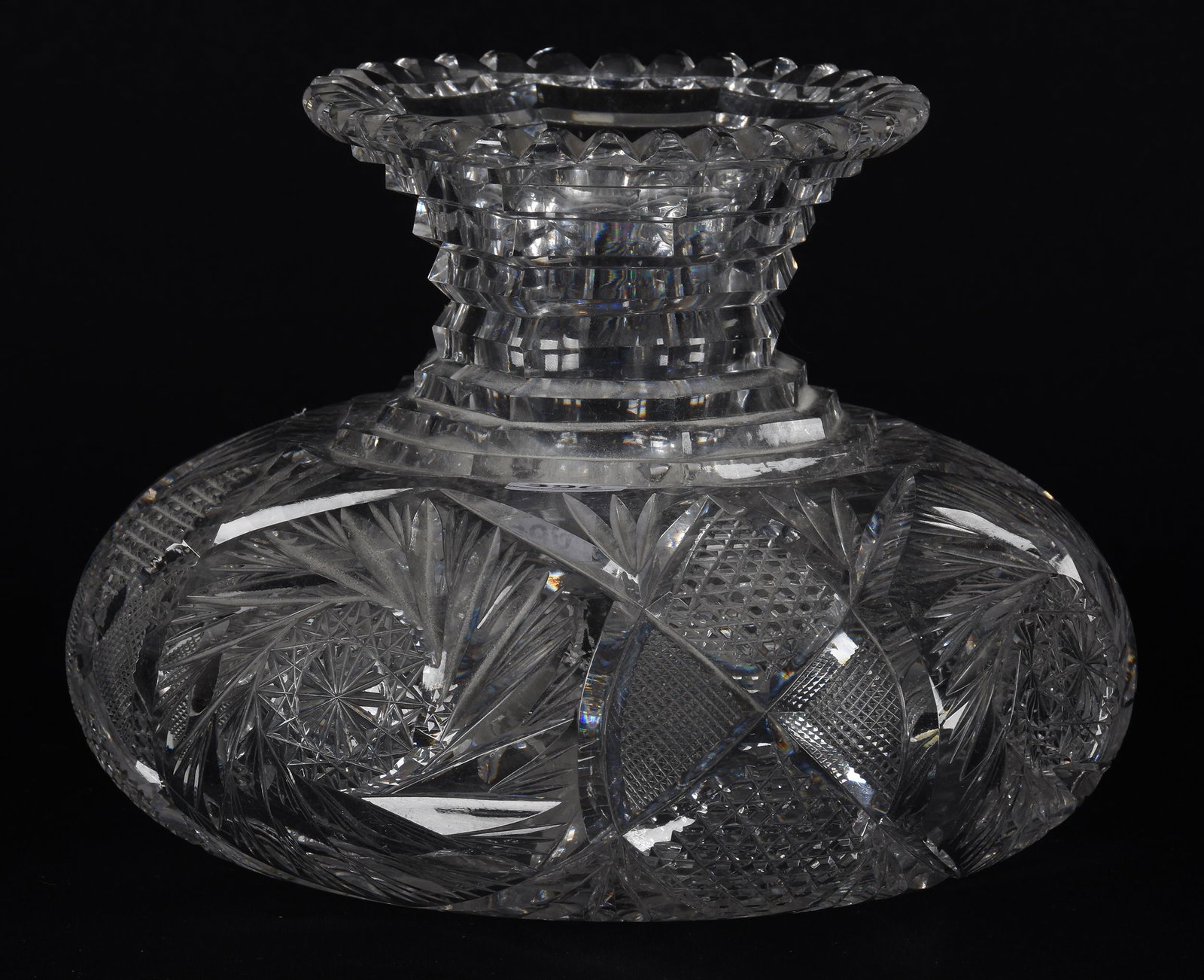 Flower Center, American Brilliant Cut Glass: Flower Center, American Brilliant Cut Glass; 6" x 8" Pinwheel, Vesica, Nailhead Diamond, Strawberry Diamond and Fan Motif, Step Cut Neck, Ray Cut Base; Doherty Collection, New Jersey